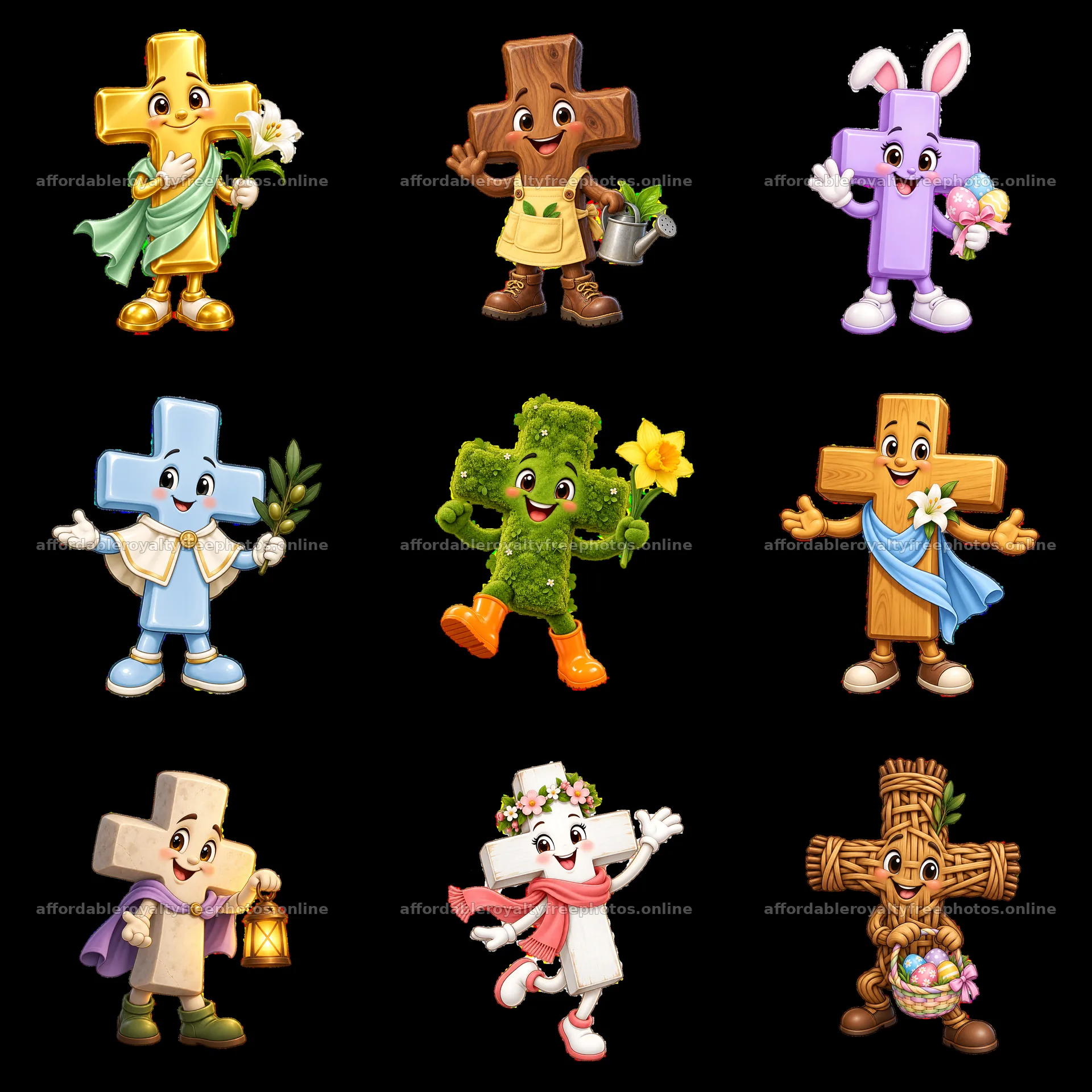Easter cross characters celebrating with props and – royalty-free photos 7746x7746