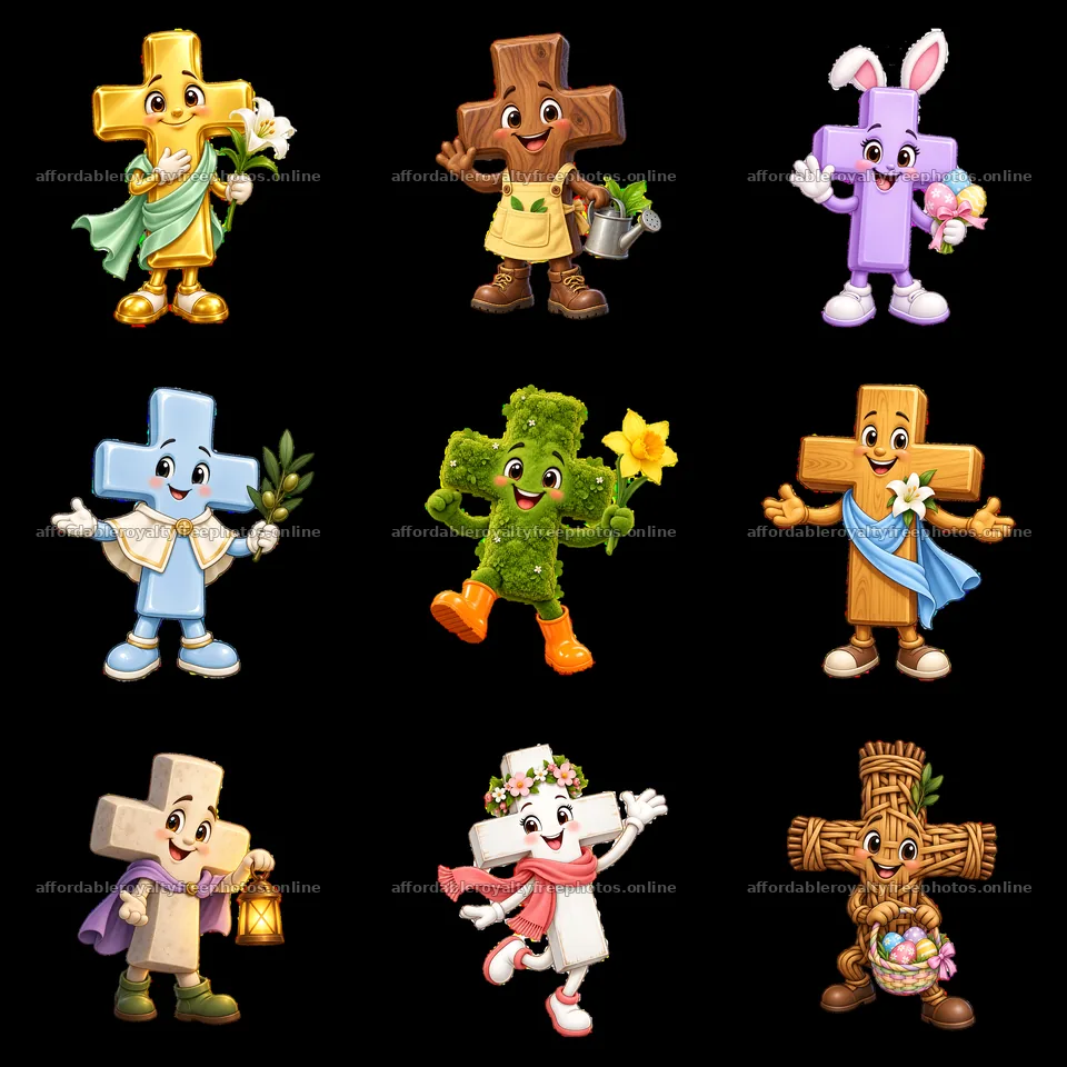 Easter cross characters celebrating with props and – royalty-free photos 7746x7746