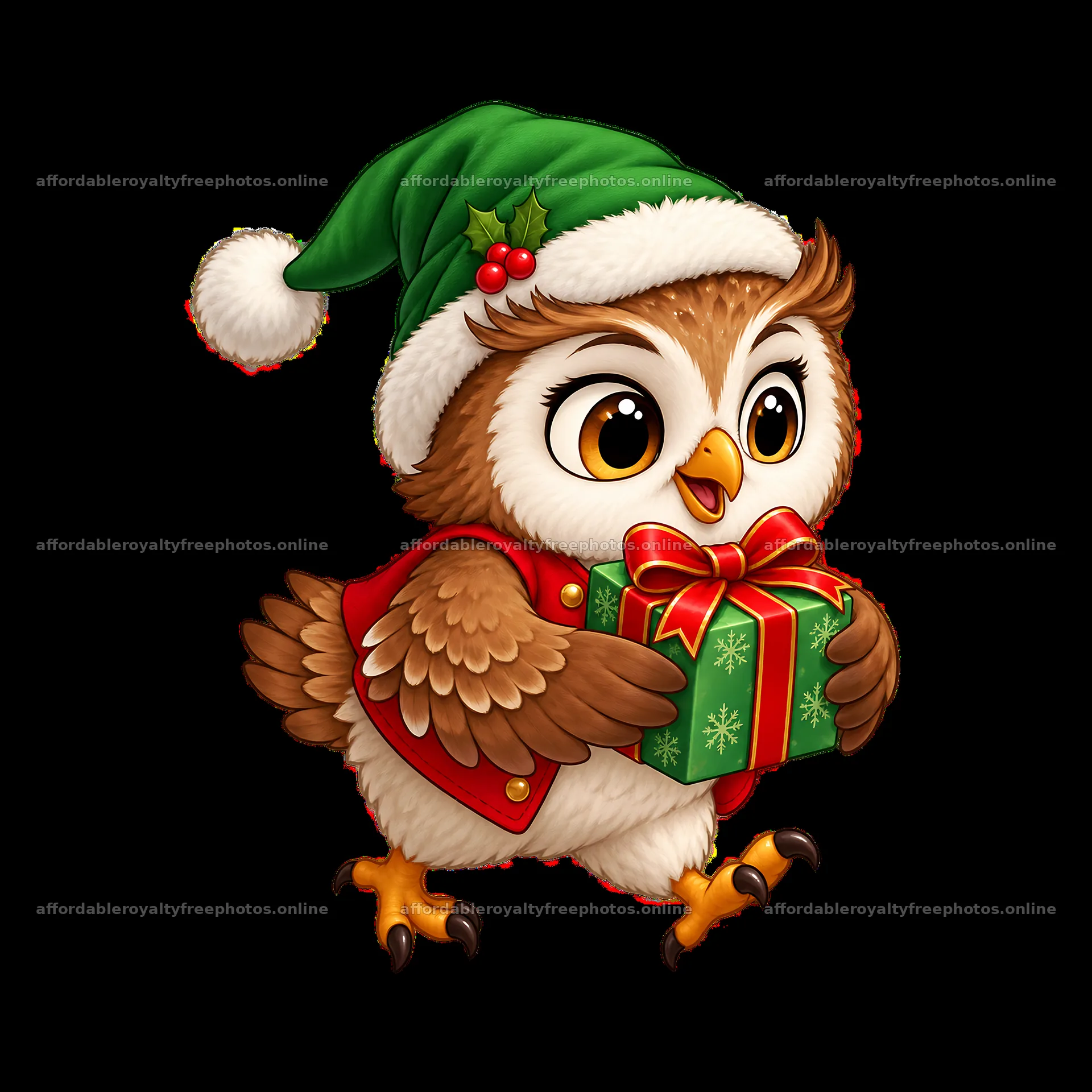 Cute Christmas owl carrying a gift in a festive outfit – royalty-free photos 7746x7746