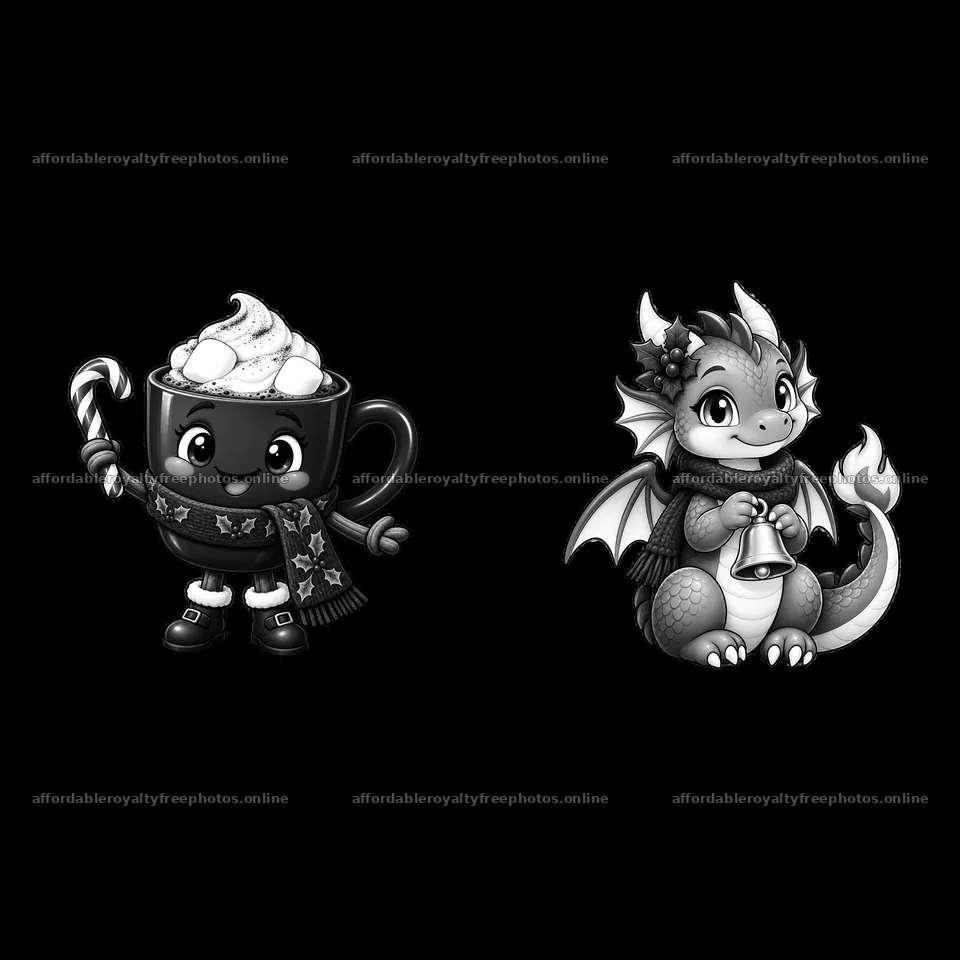Cute Christmas dragon and hot chocolate mug sticker design – royalty-free photos 7746x7746
