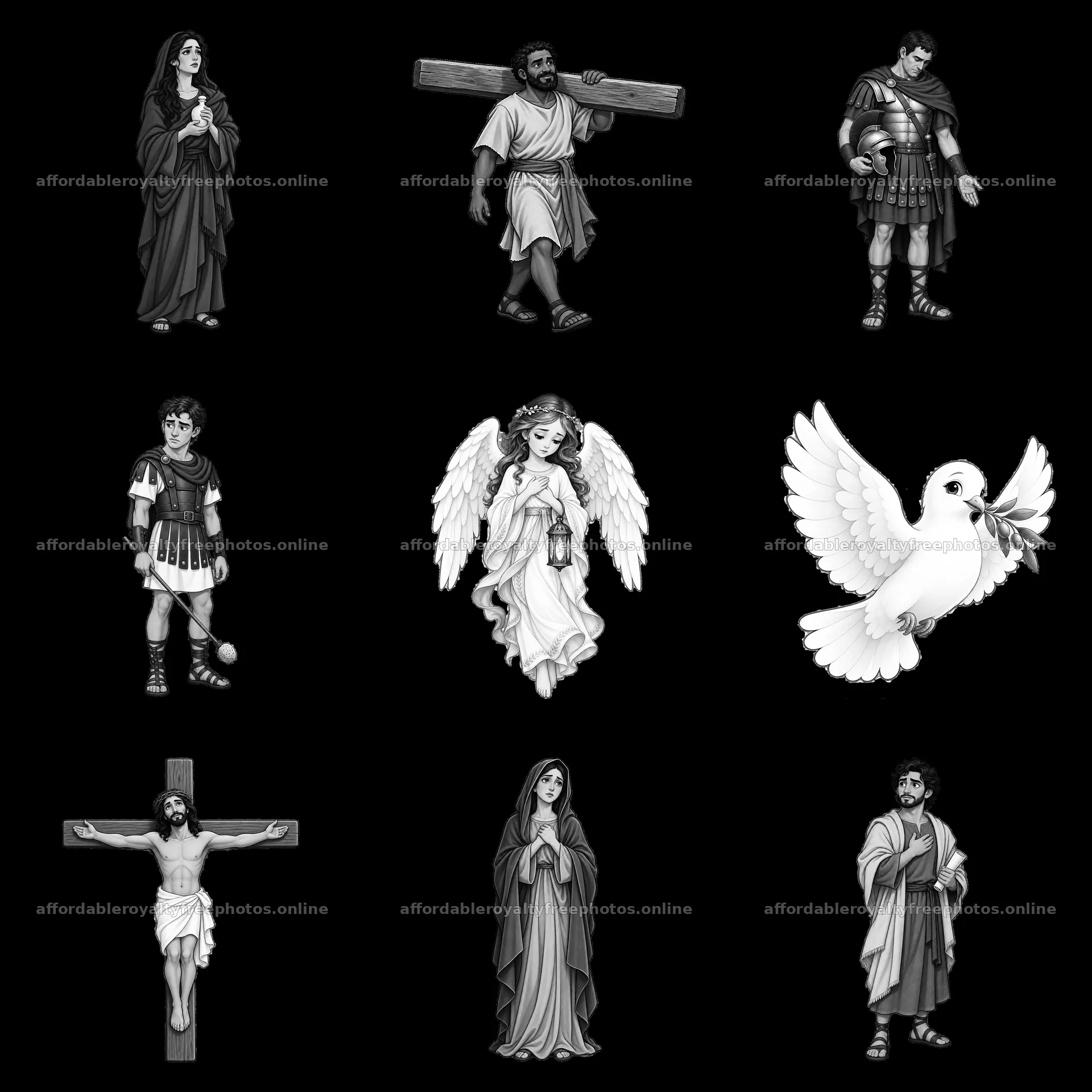 Jesus on the cross with characters from biblical scenes – royalty-free photos 7746x7746