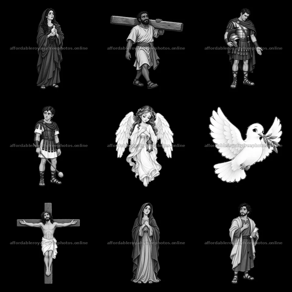 Jesus on the cross with characters from biblical scenes – royalty-free photos 7746x7746