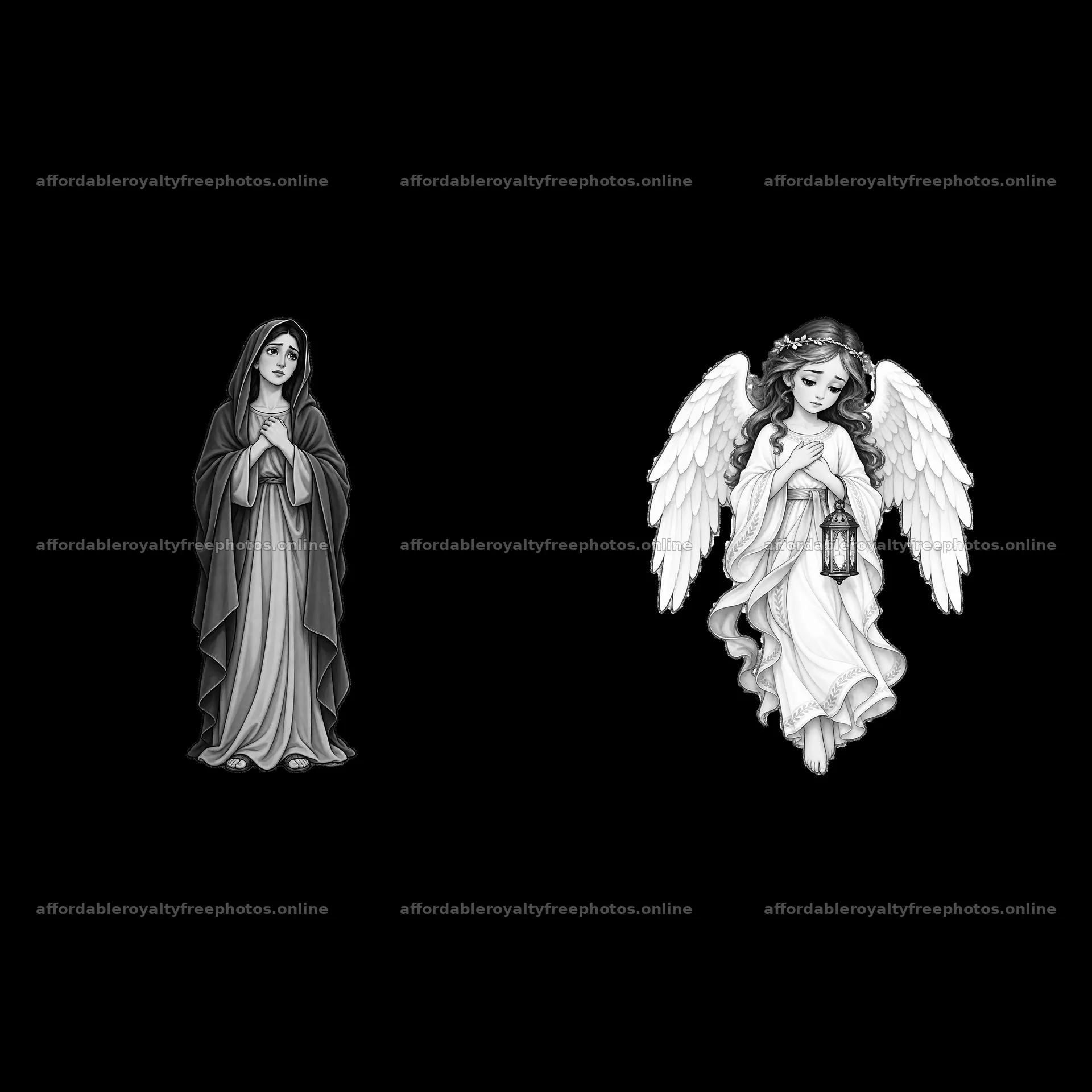 Figures of Mary and an angel in black and white – royalty-free photos 7746x7746