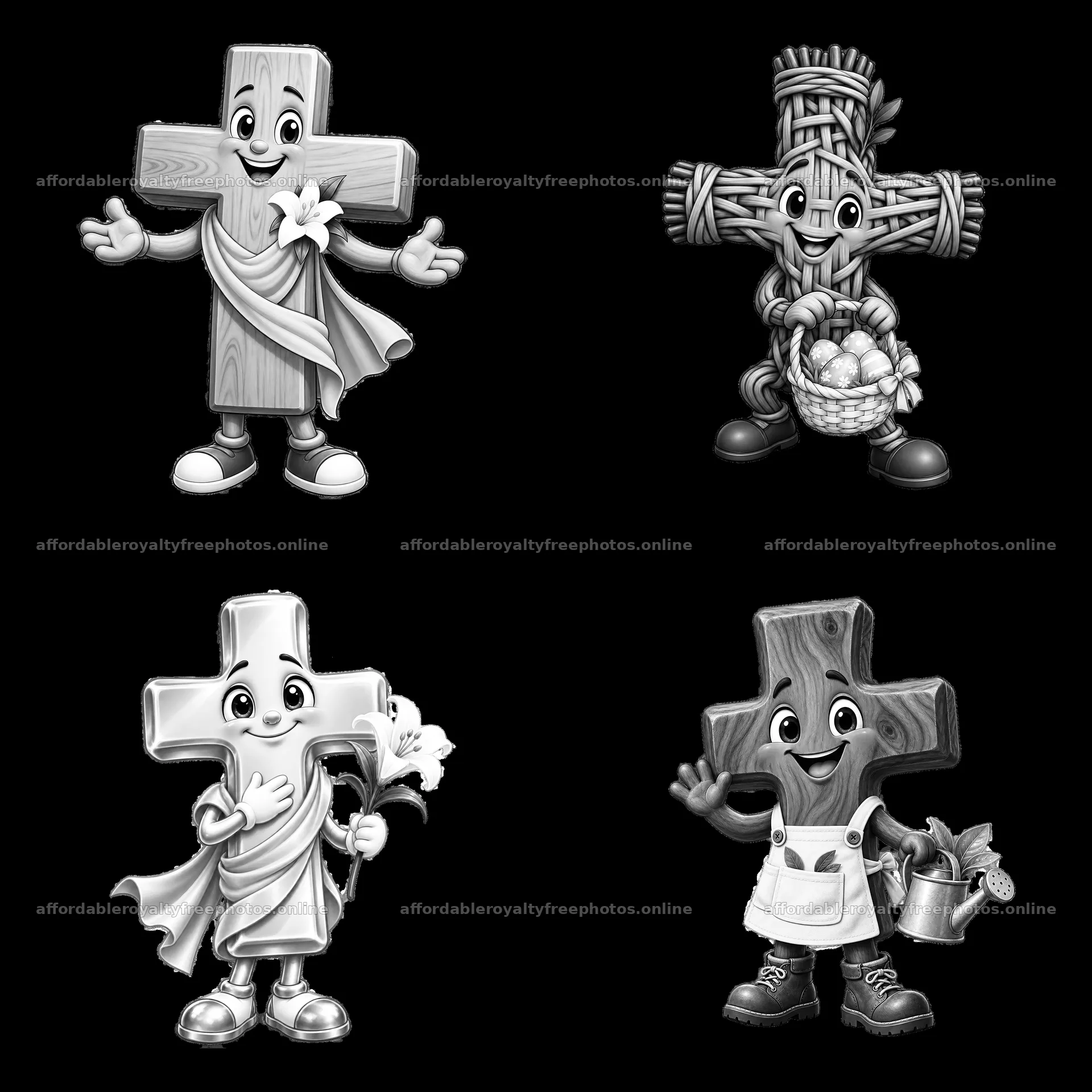 Easter themed cartoon crosses with friendly faces in – royalty-free photos 7746x7746