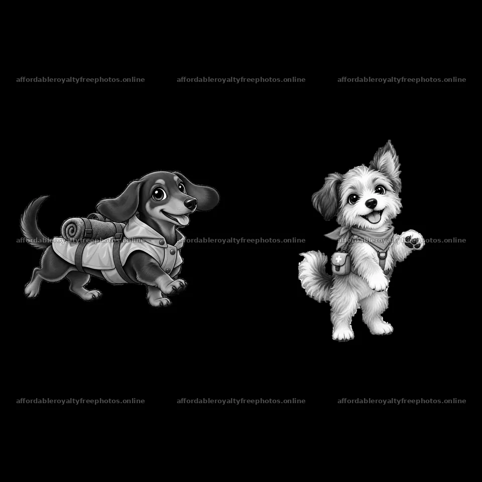 Two cartoon dogs wearing vests with gear exploring – royalty-free photos 7746x7746