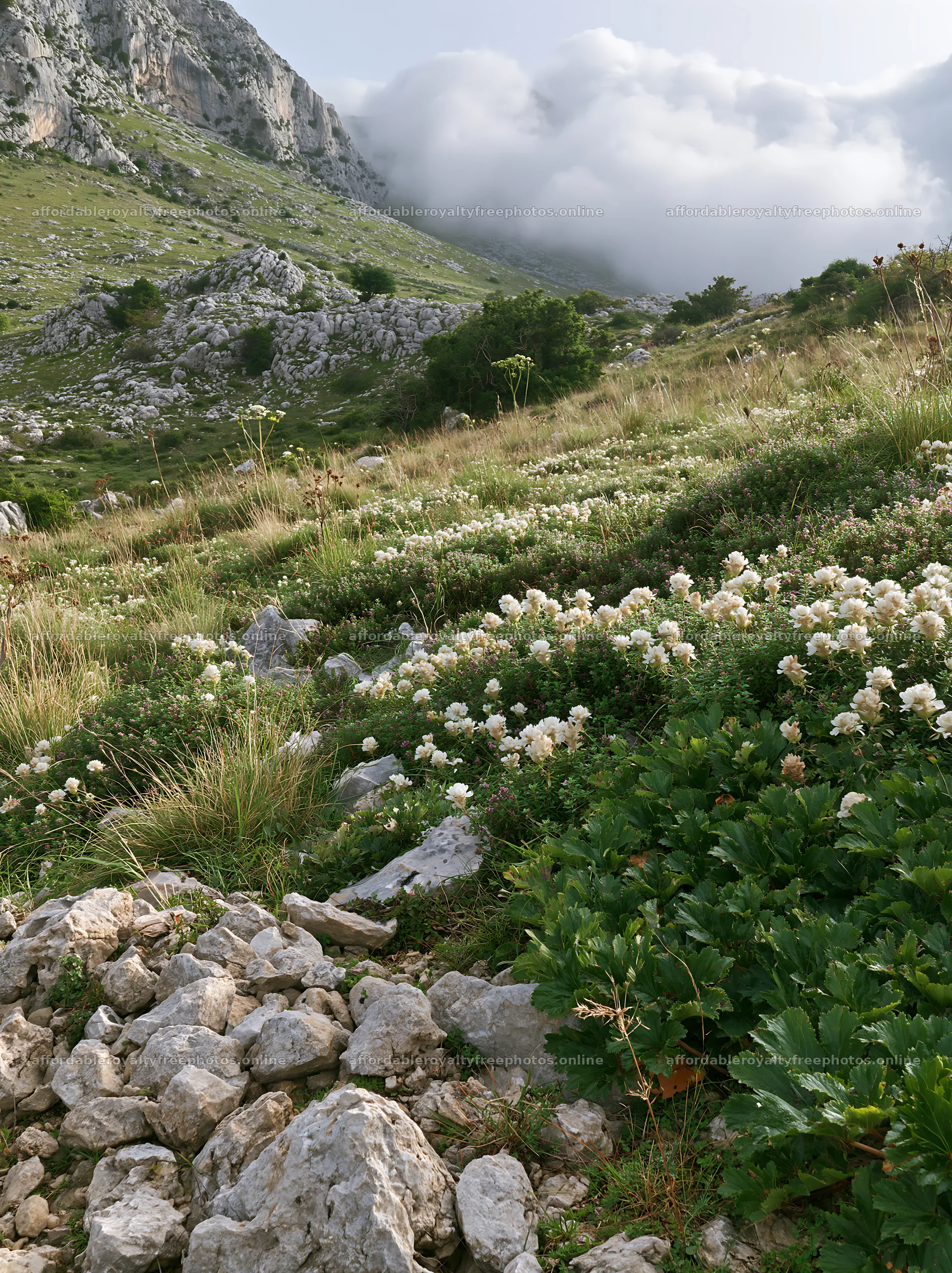 Cloudy rockrose meadow on limestone slope – royalty-free photos 6866x9174