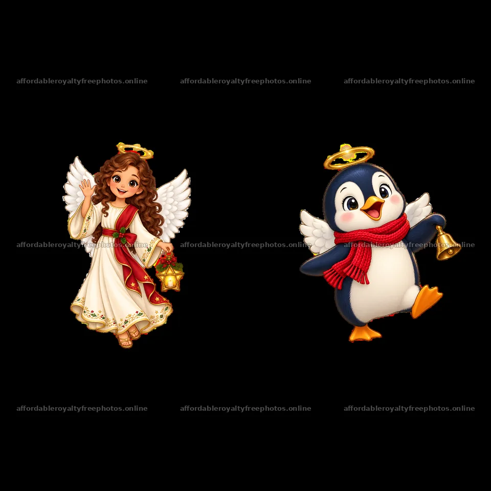 Christmas angel with bell and penguin in scarf with bell – royalty-free photos 7746x7746