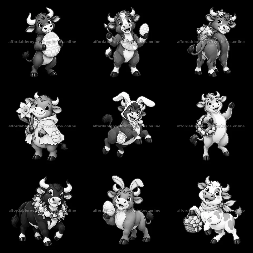 Easter ox cartoon stickers in a 3x3 grid with various – royalty-free photos 7746x7746