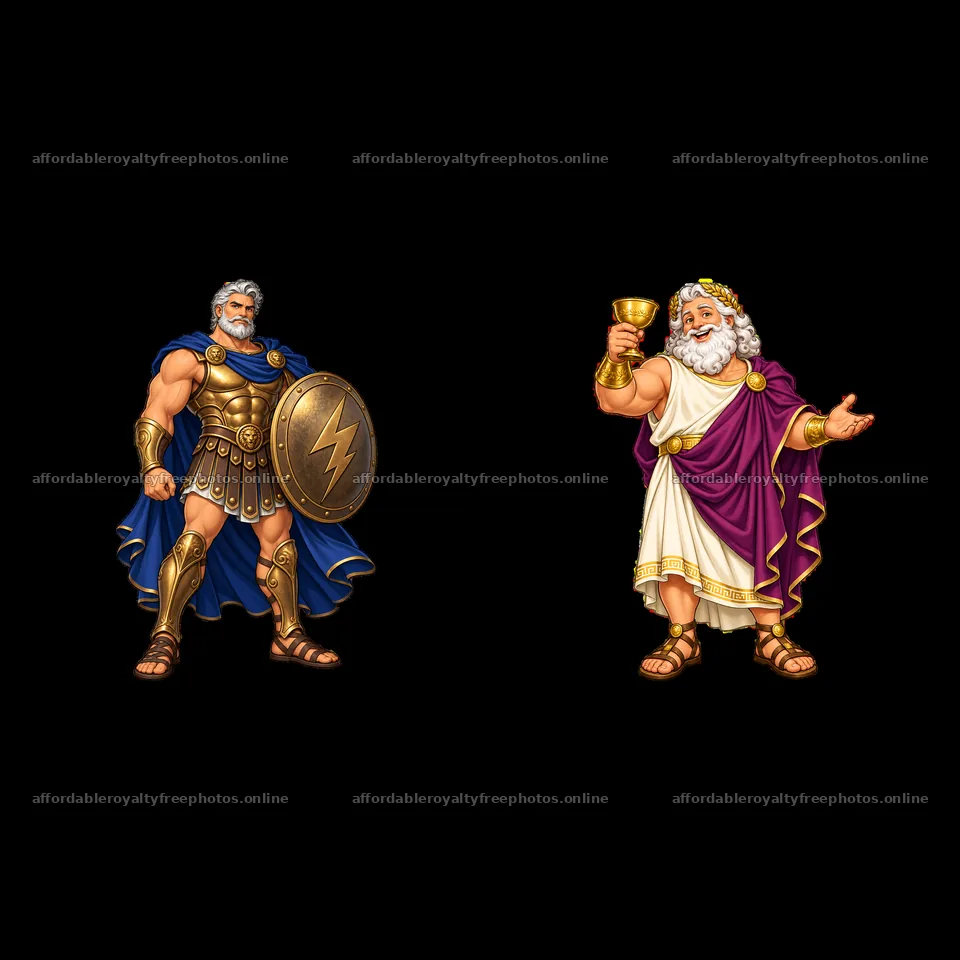 Zeus and Hercules with shield and goblet in cartoon style – royalty-free photos 7746x7746