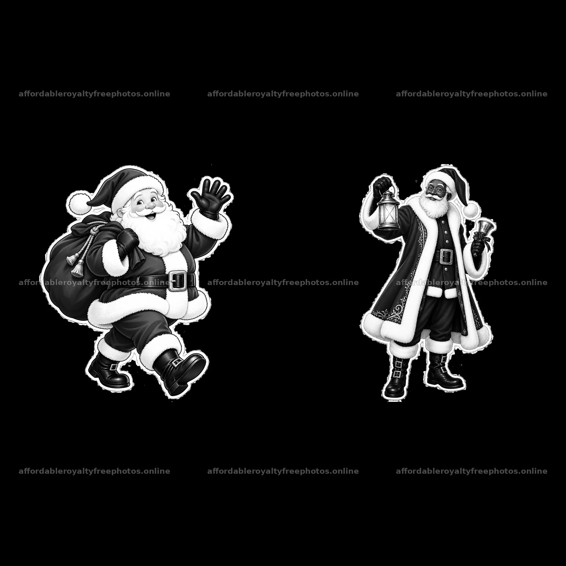 Santa Claus figures carrying gifts and lanterns in – royalty-free photos 7746x7746