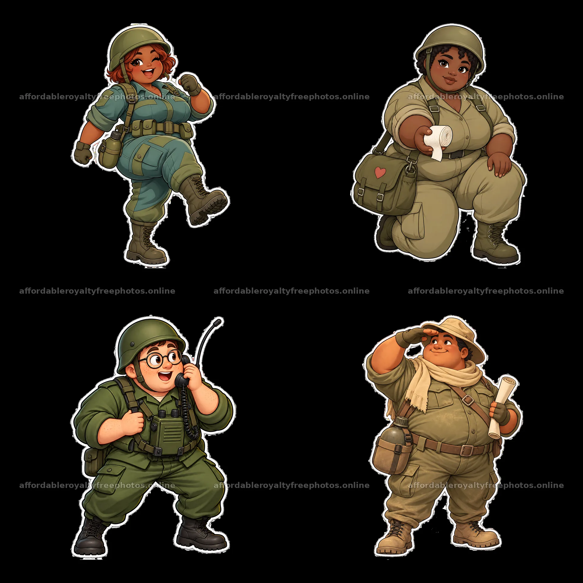 Cute ultra-chubby soldier characters in playful poses – royalty-free photos 7746x7746