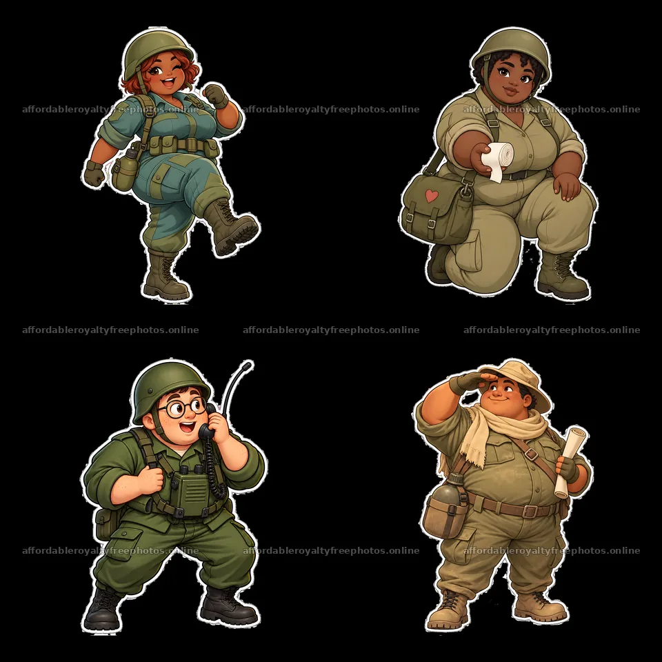 Cute ultra-chubby soldier characters in playful poses – royalty-free photos 7746x7746