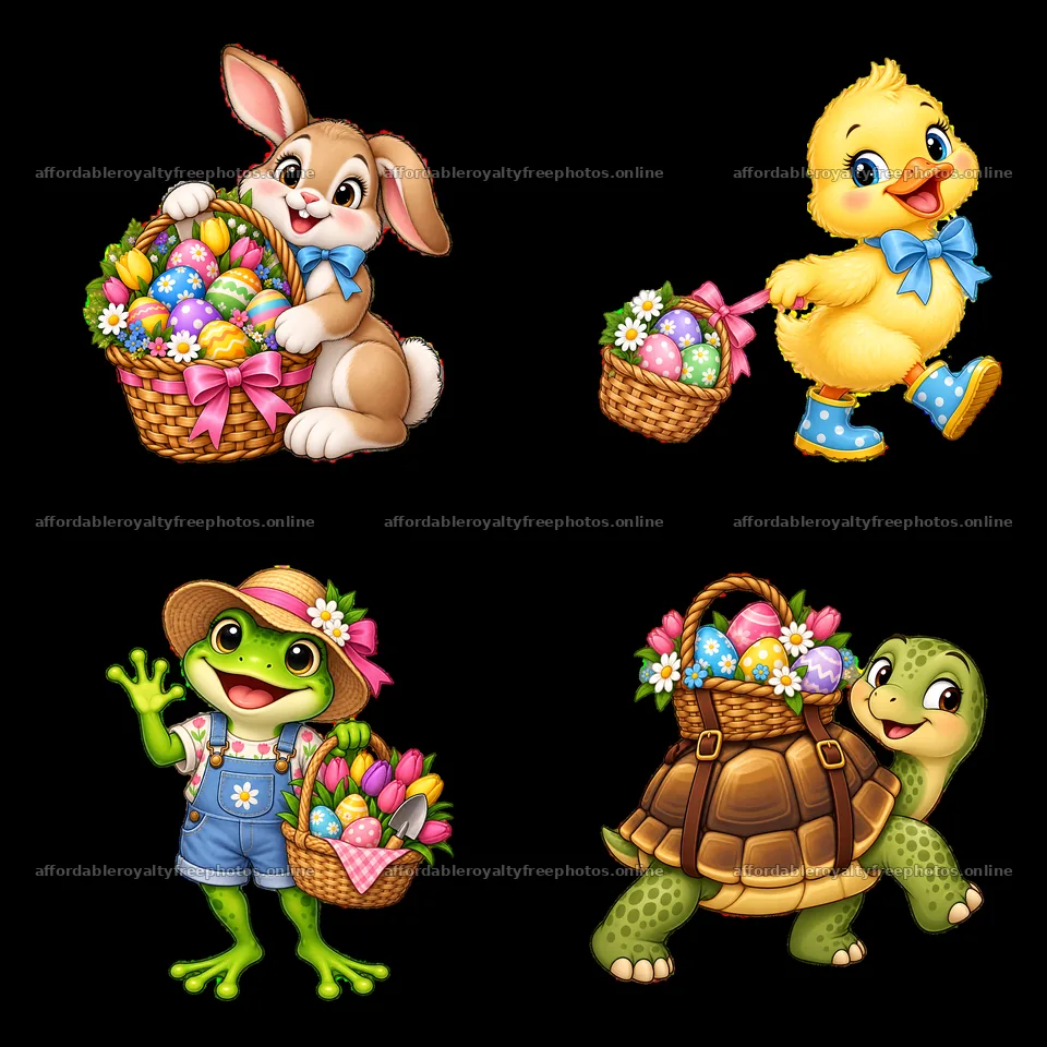 Easter basket with bunny, chick, frog, and turtle in a – royalty-free photos 7746x7746