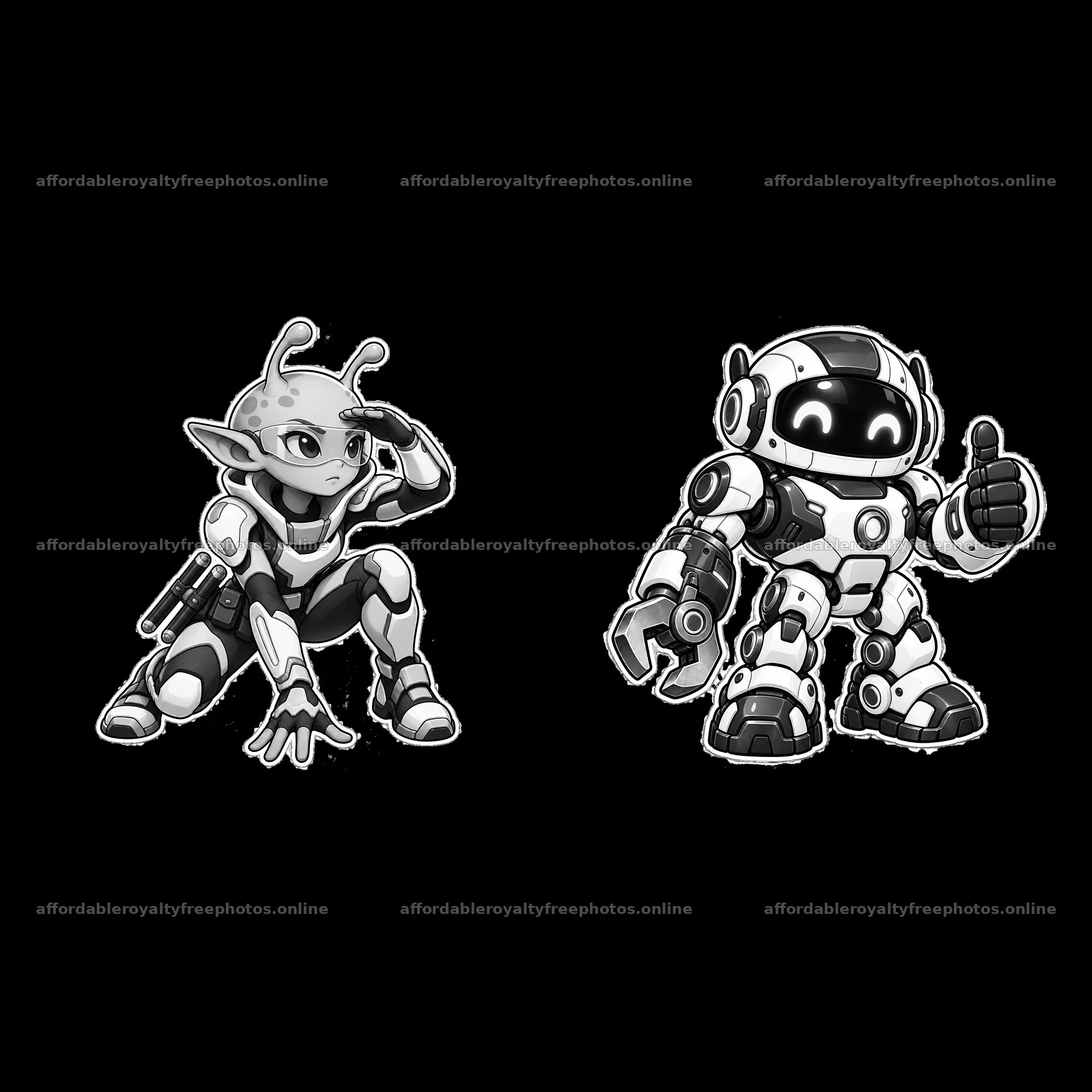 Kawaii futuristic super-soldier cartoon characters in – royalty-free photos 7746x7746