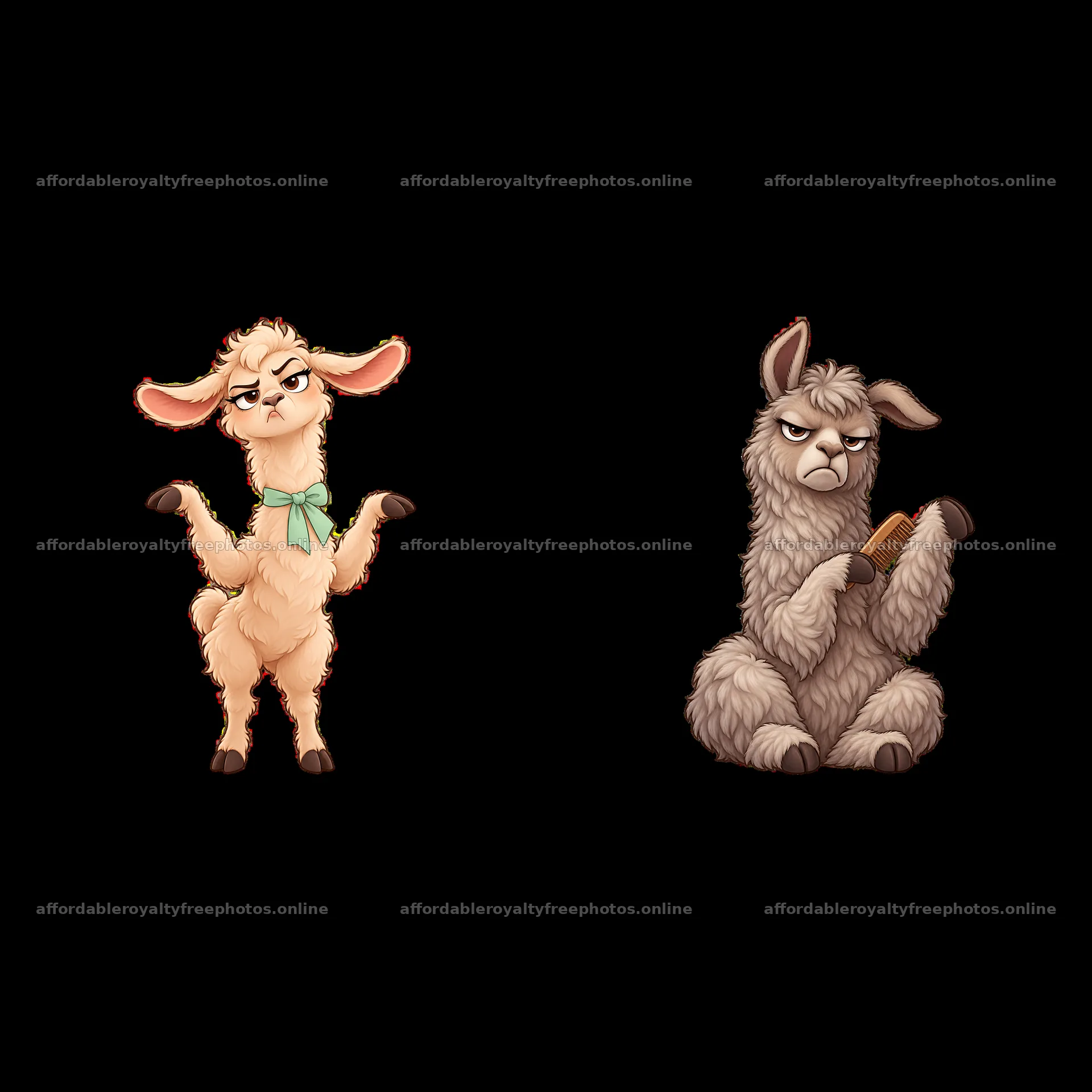 Grumpy llama characters with annoyed expressions and – royalty-free photos 7746x7746