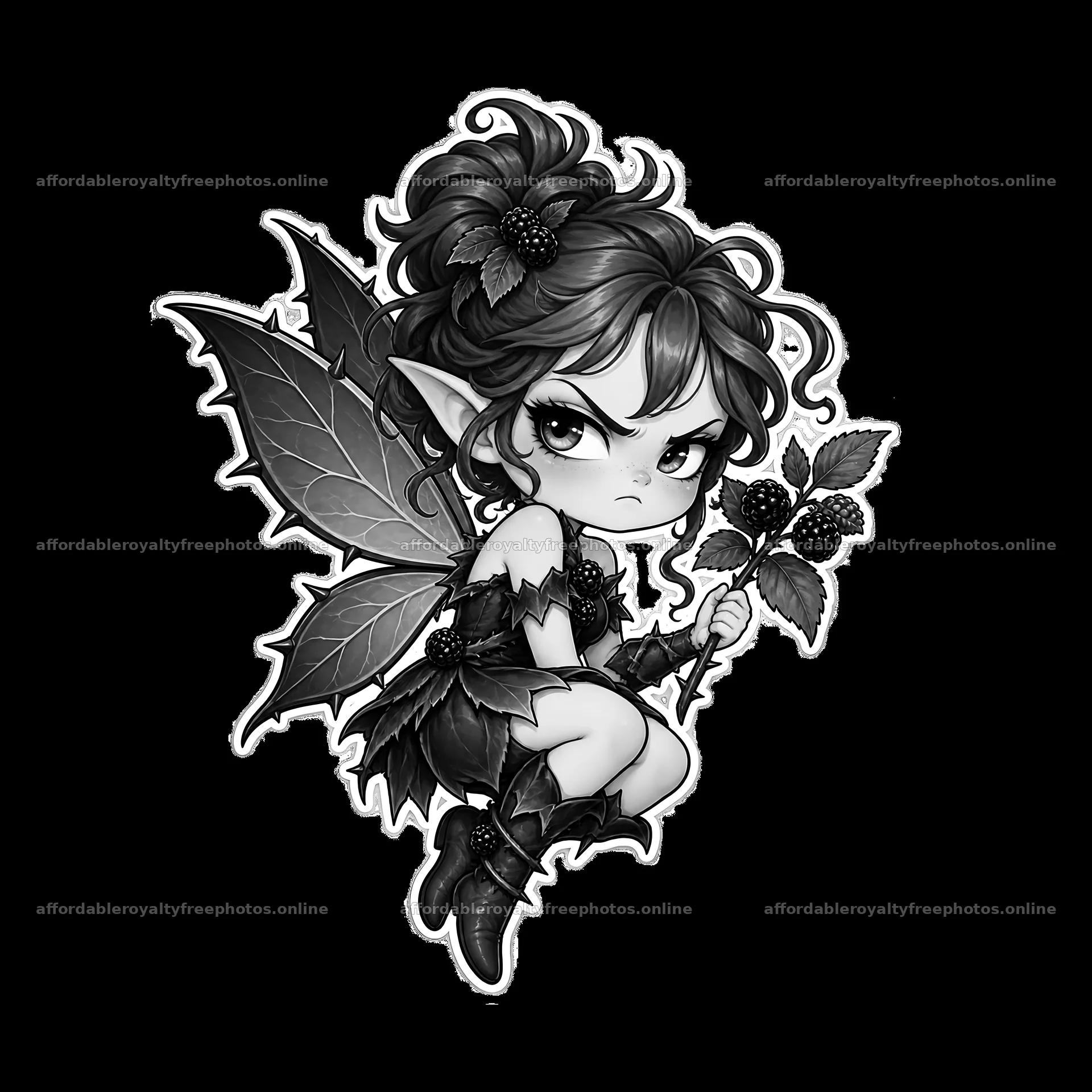 Grumpy fairy with leaf wings holding blackberries – royalty-free photos 7746x7746