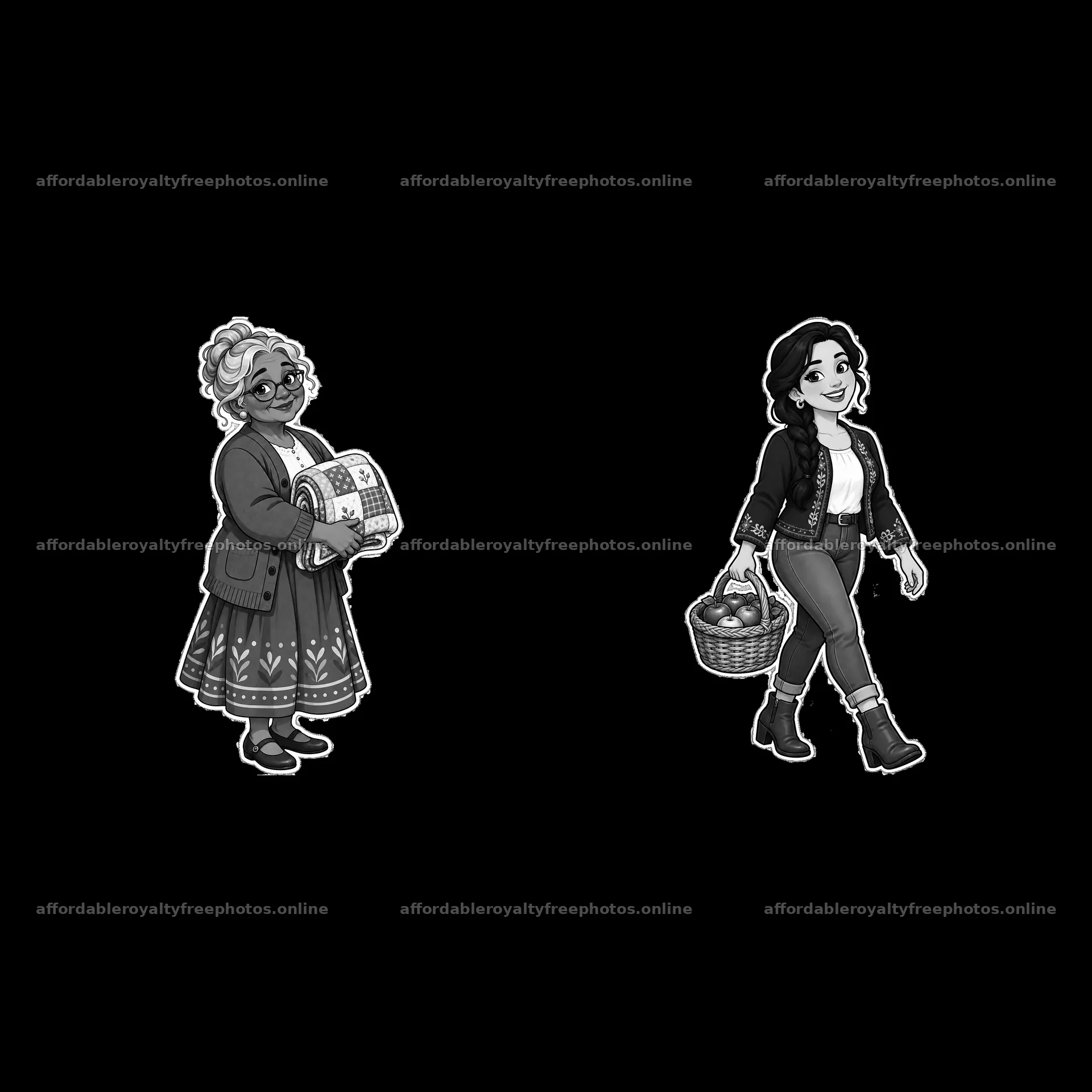 Family members carrying baskets in traditional attire – royalty-free photos 7746x7746