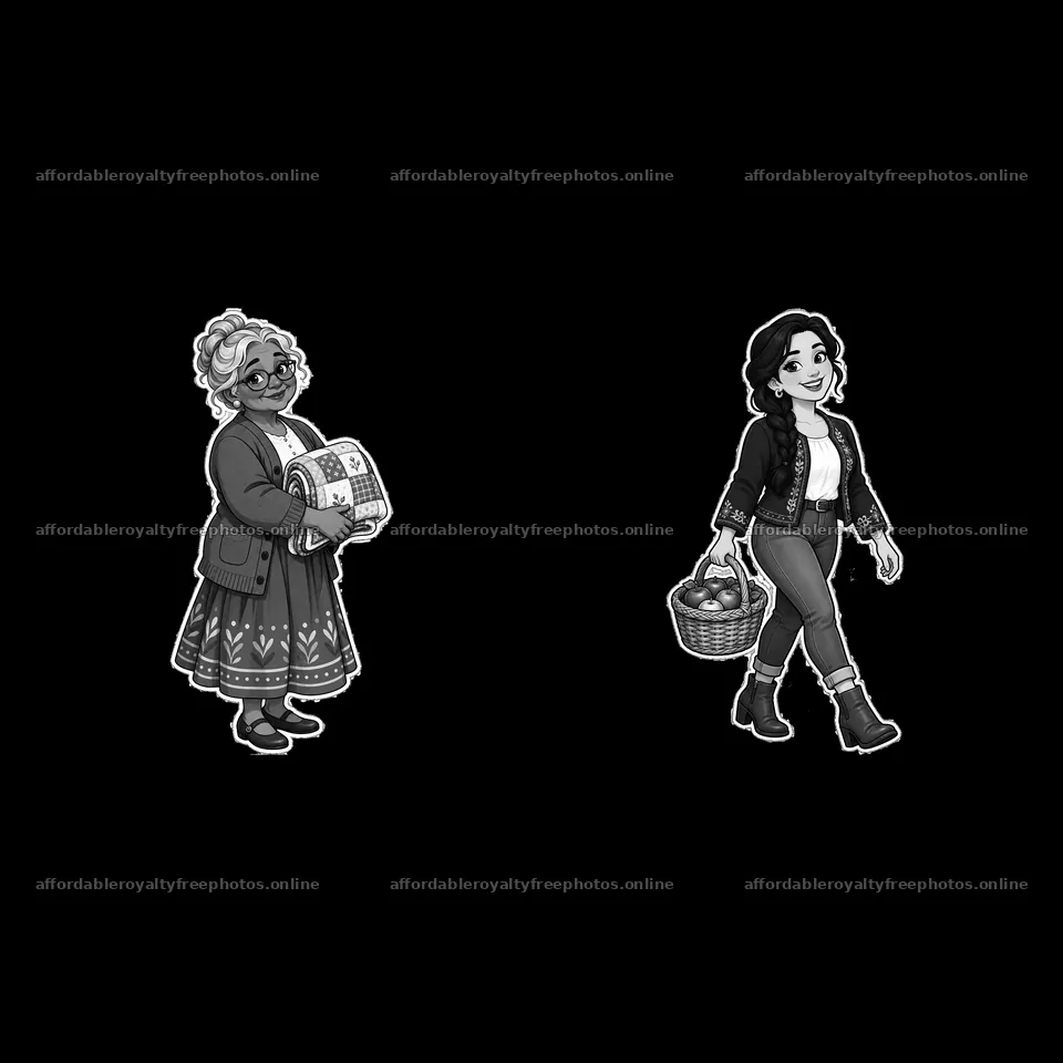 Family members carrying baskets in traditional attire – royalty-free photos 7746x7746