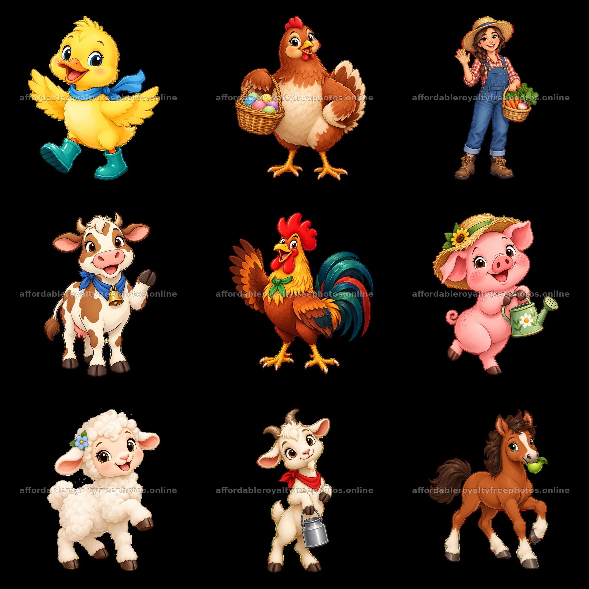 Farm animals and girl with basket in colorful cartoon – royalty-free photos 7746x7746