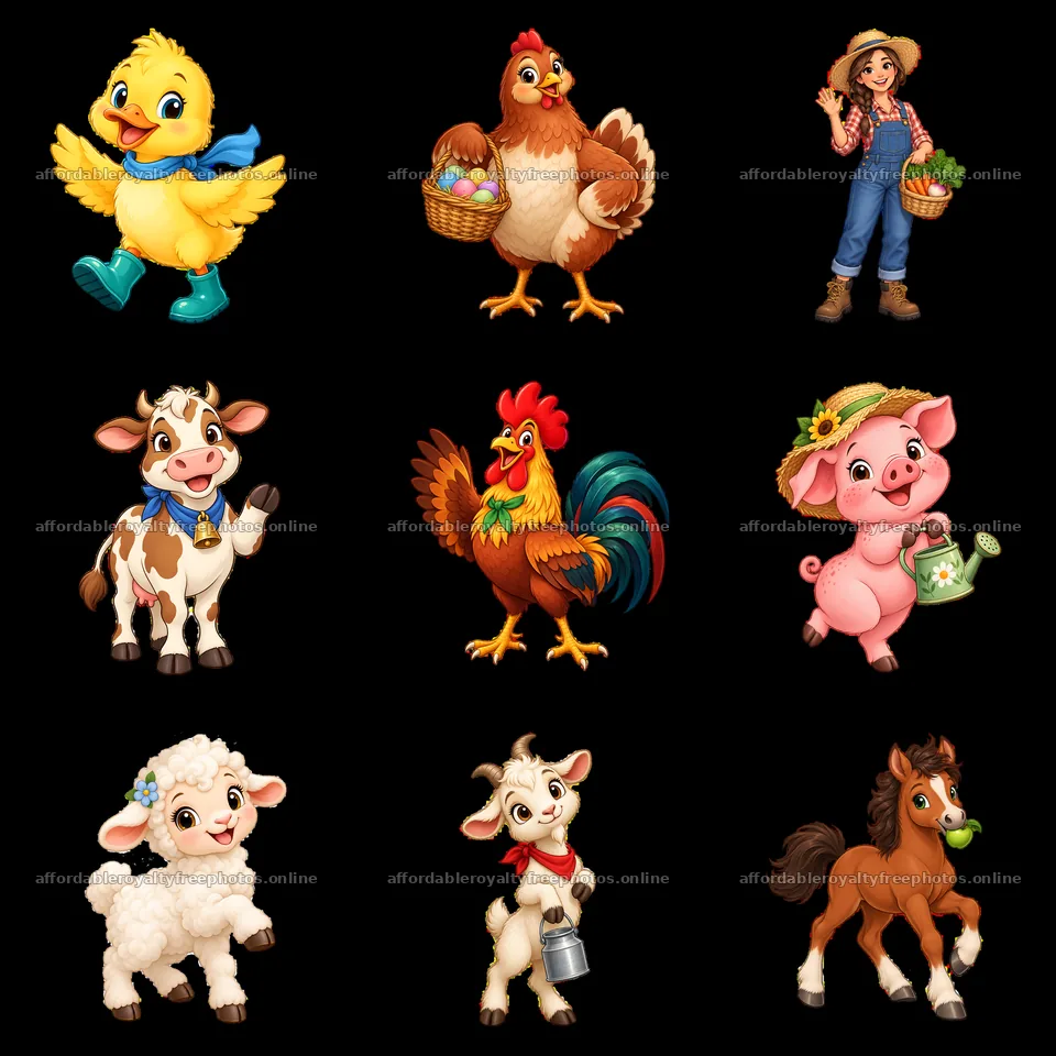 Farm animals and girl with basket in colorful cartoon – royalty-free photos 7746x7746