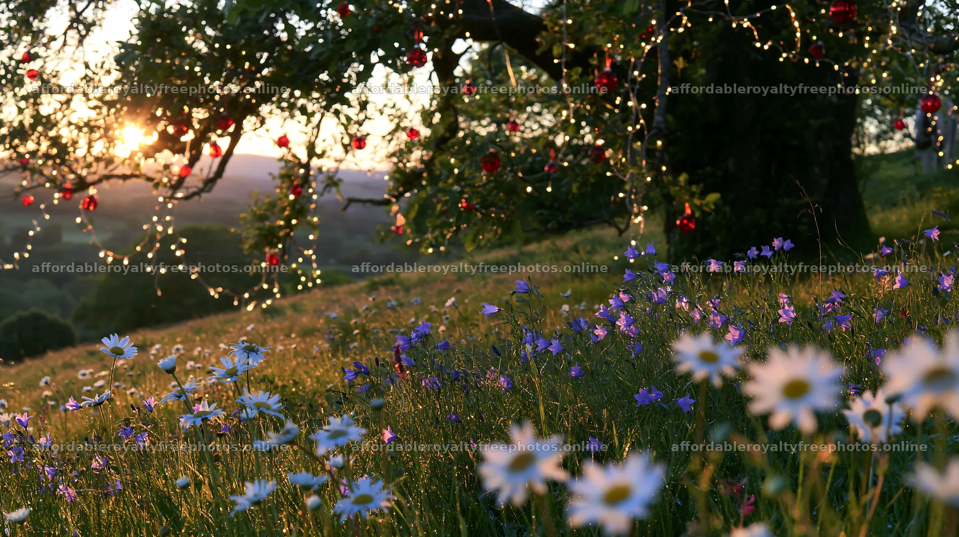 Vibrant Christmas lights in a meadow at sunset – royalty-free photos 10608x5938