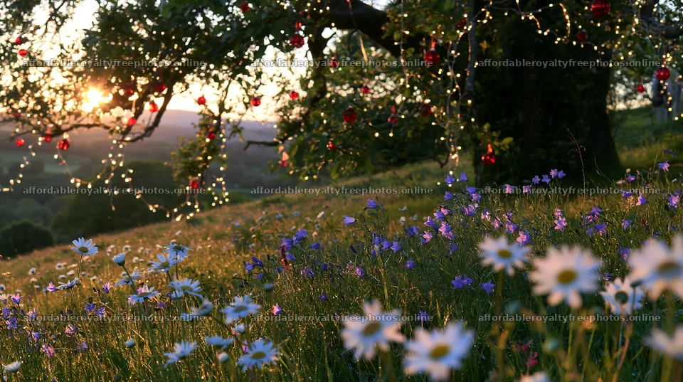 Vibrant Christmas lights in a meadow at sunset – royalty-free photos 10608x5938
