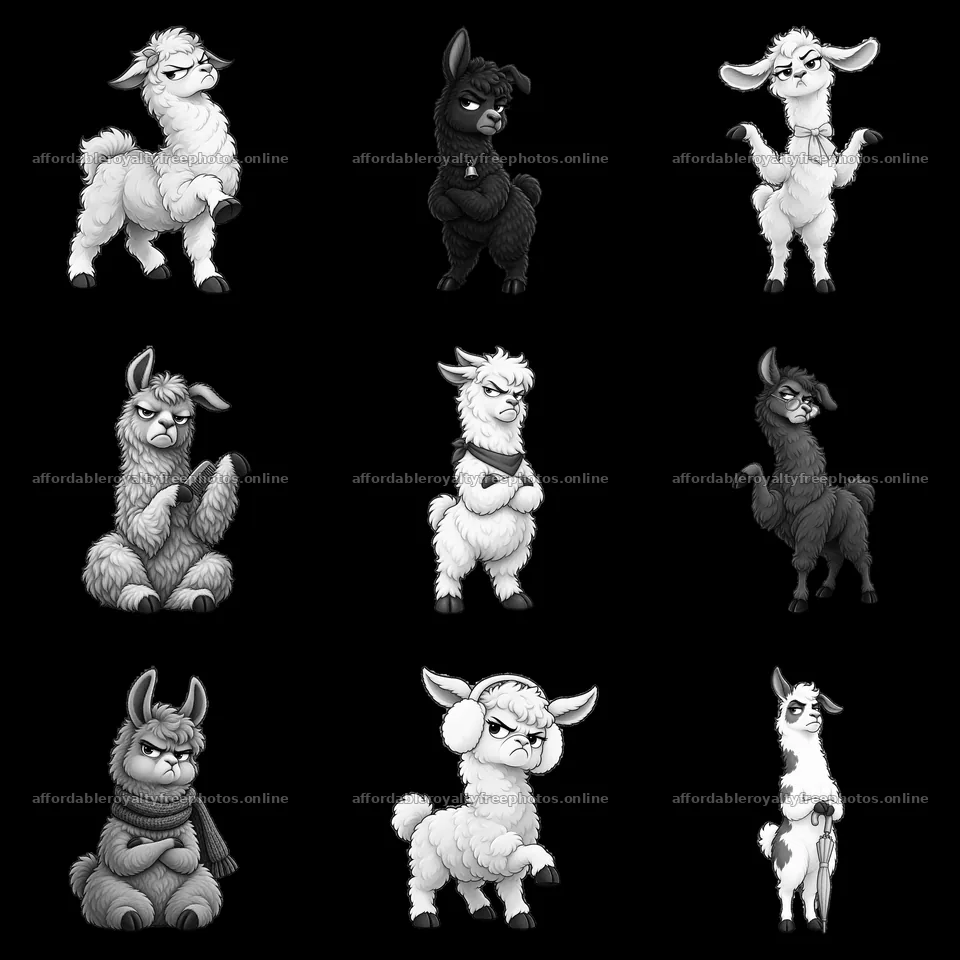 Grumpy llamas in various poses and expressions in a 3x3 – royalty-free photos 7746x7746