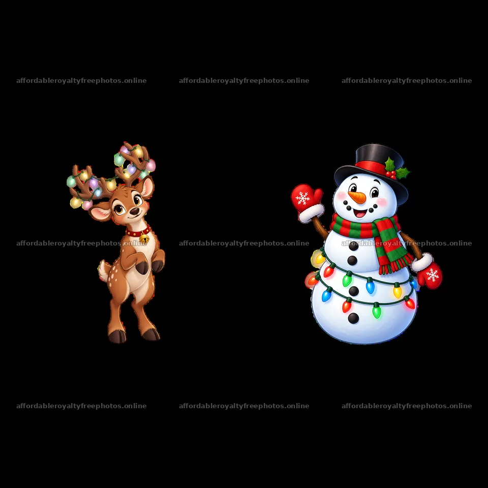 Reindeer and snowman with string lights in cartoon style – royalty-free photos 7746x7746