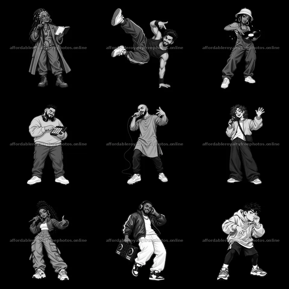 Hip-hop artists in diverse poses and styles in black and – royalty-free photos 7746x7746
