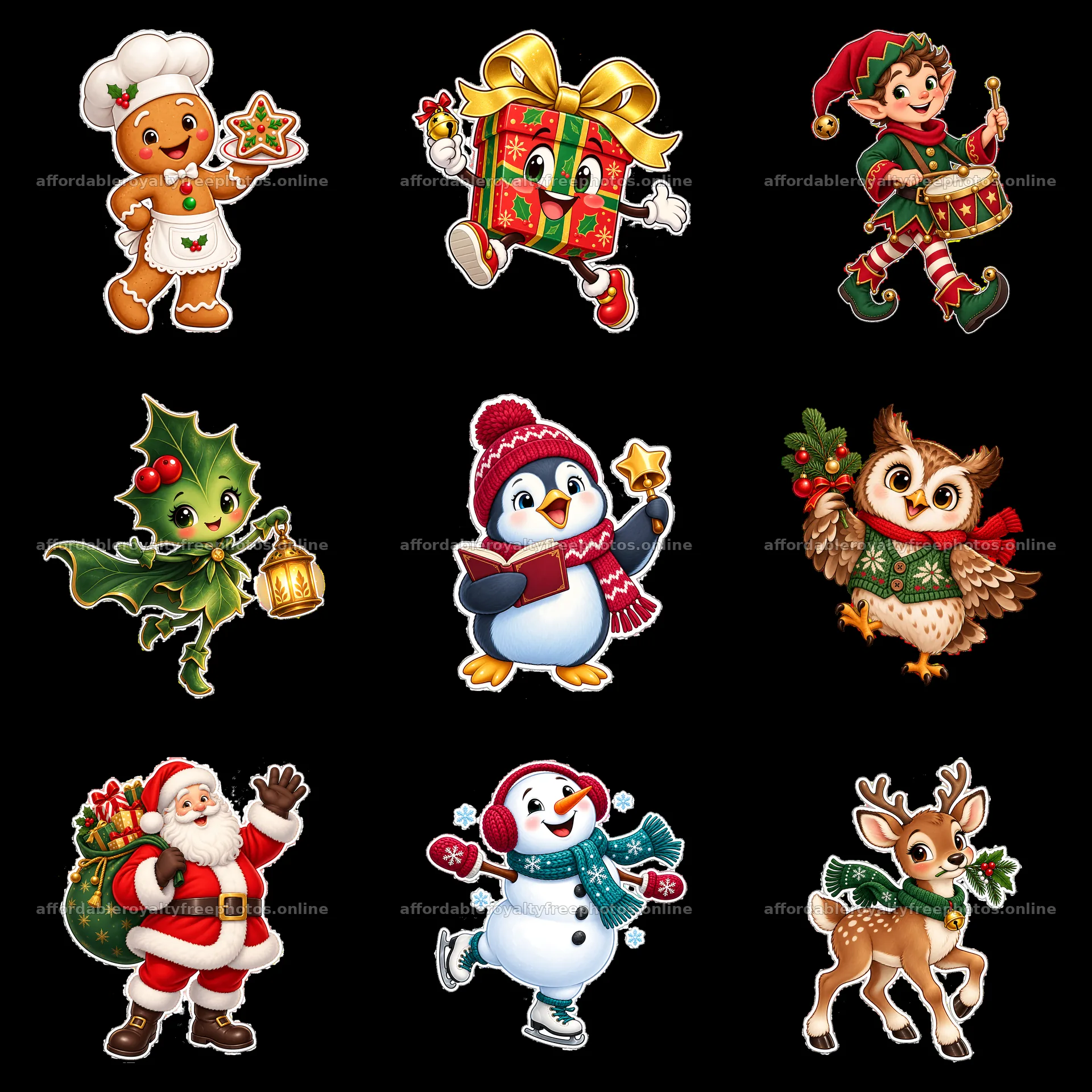 Christmas cartoon characters in a 3x3 grid with festive themes – royalty-free photos 7746x7746