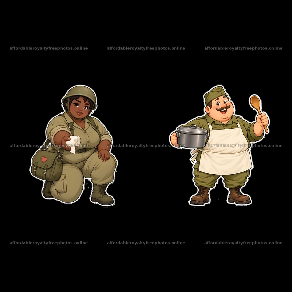 Chubby soldier with backpack and chef holding pot in – royalty-free photos 7746x7746