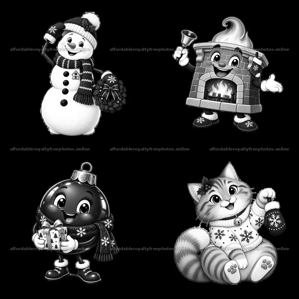 Winter holiday characters in a black-and-white cartoon – royalty-free photos 7746x7746