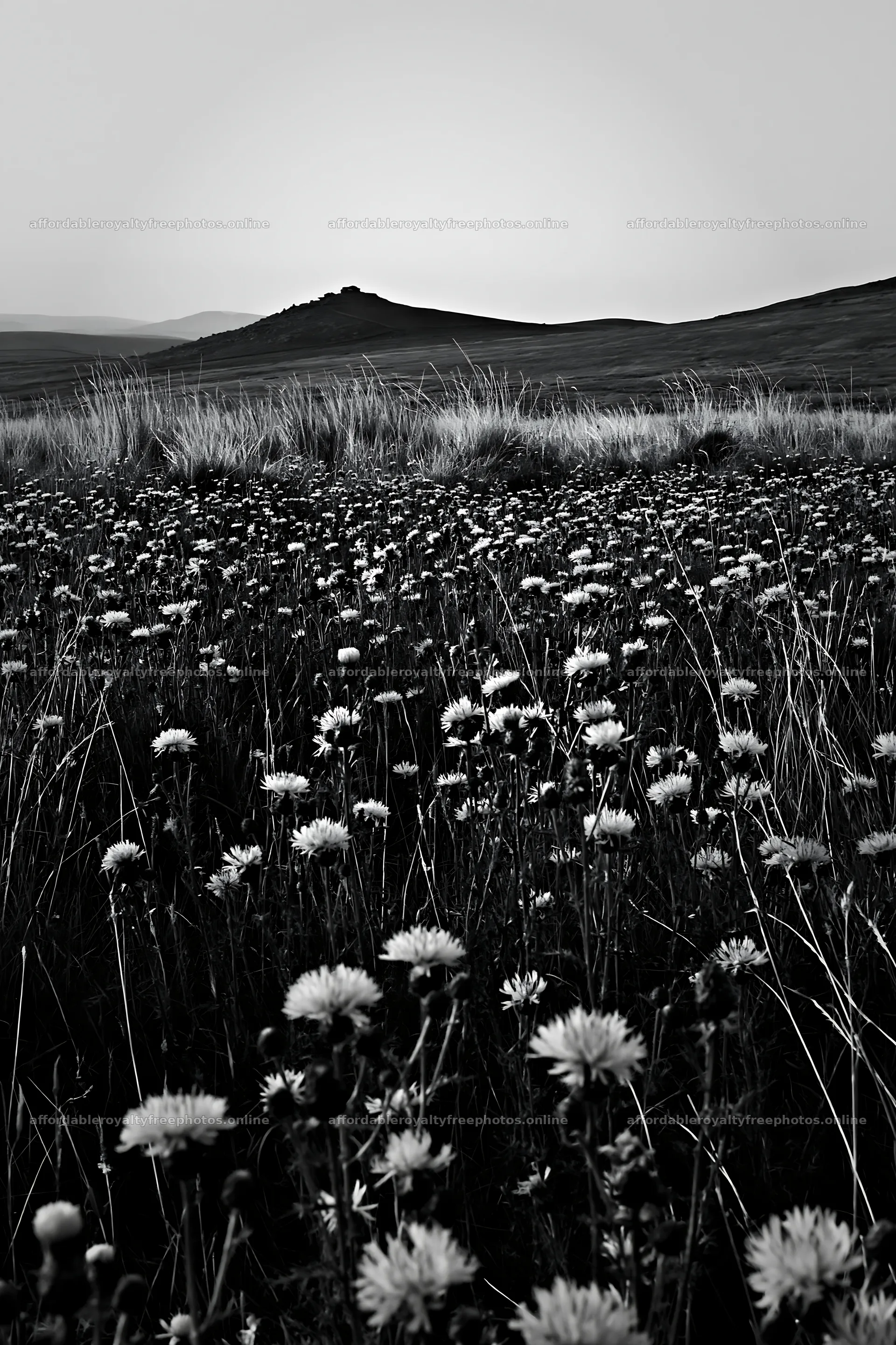 Knapweed meadow with distant hills in black and white – royalty-free photos 6480x9722