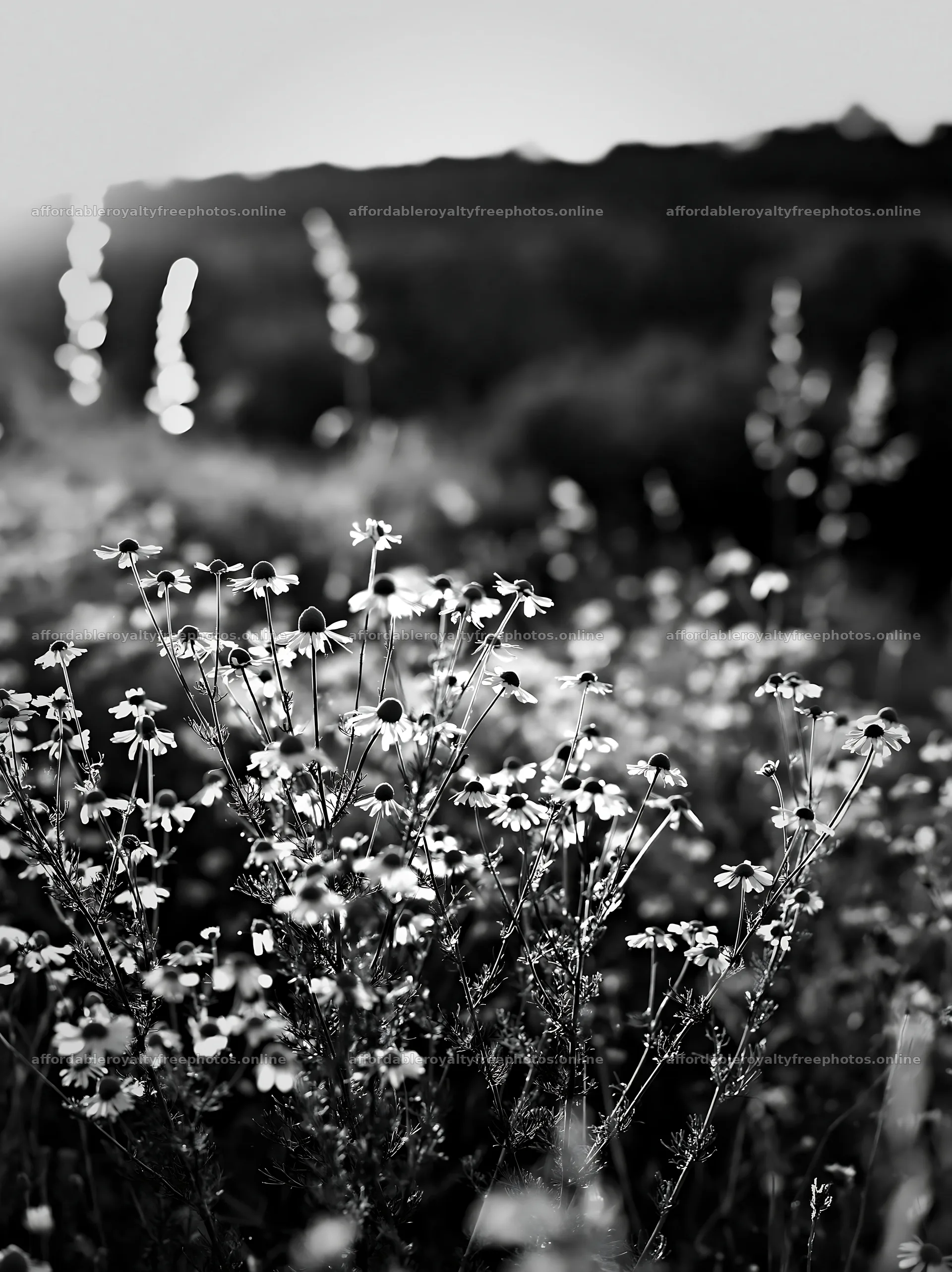 Chamomile meadow in black and white with sunlight at dusk – royalty-free photos 6866x9174