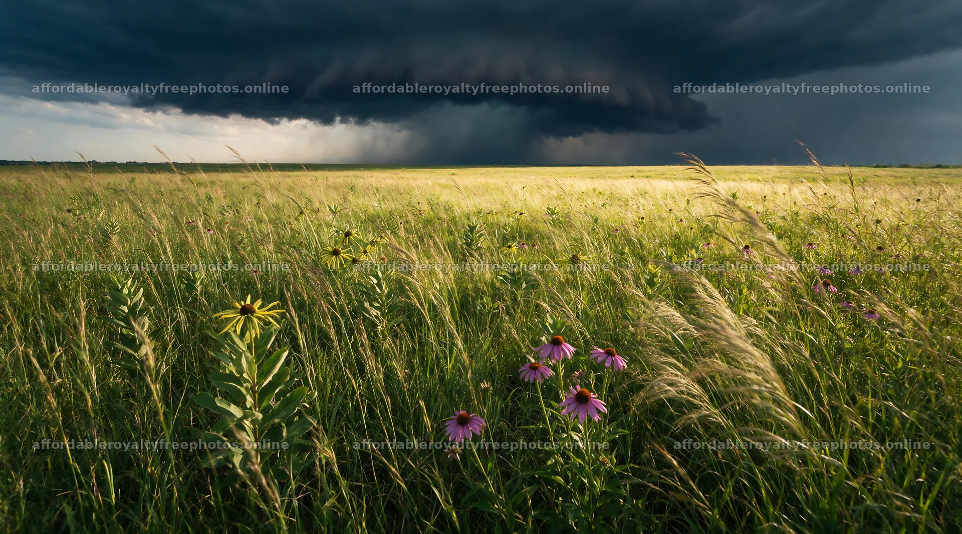 Biodiverse meadow under dark stormy clouds – royalty-free photos 10648x5916