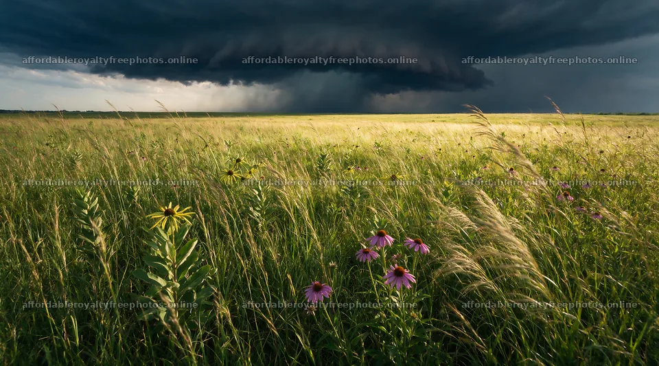 Biodiverse meadow under dark stormy clouds – royalty-free photos 10648x5916