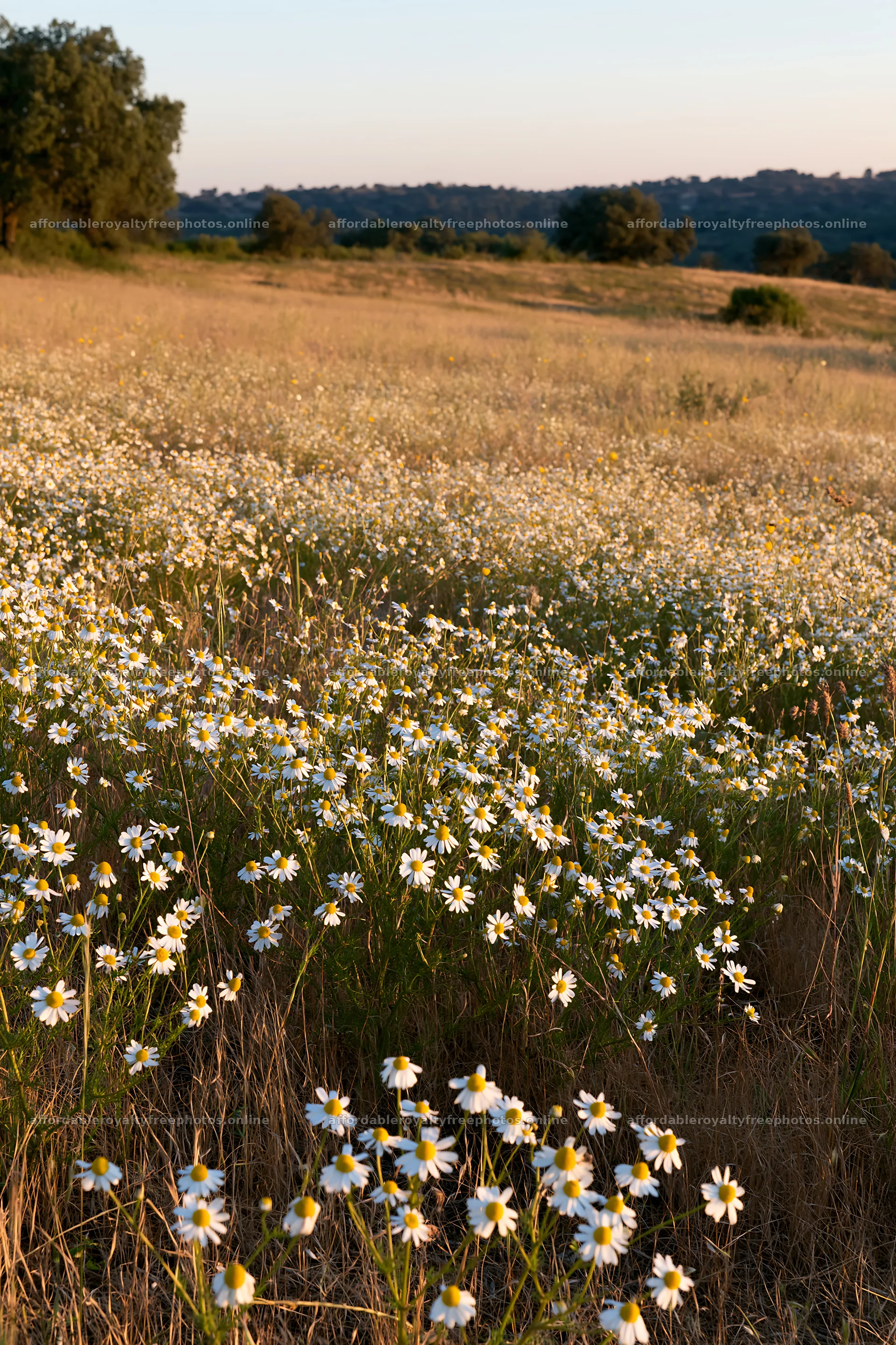 Chamomile meadow for wellness campaign at sunset – royalty-free photos 6480x9722