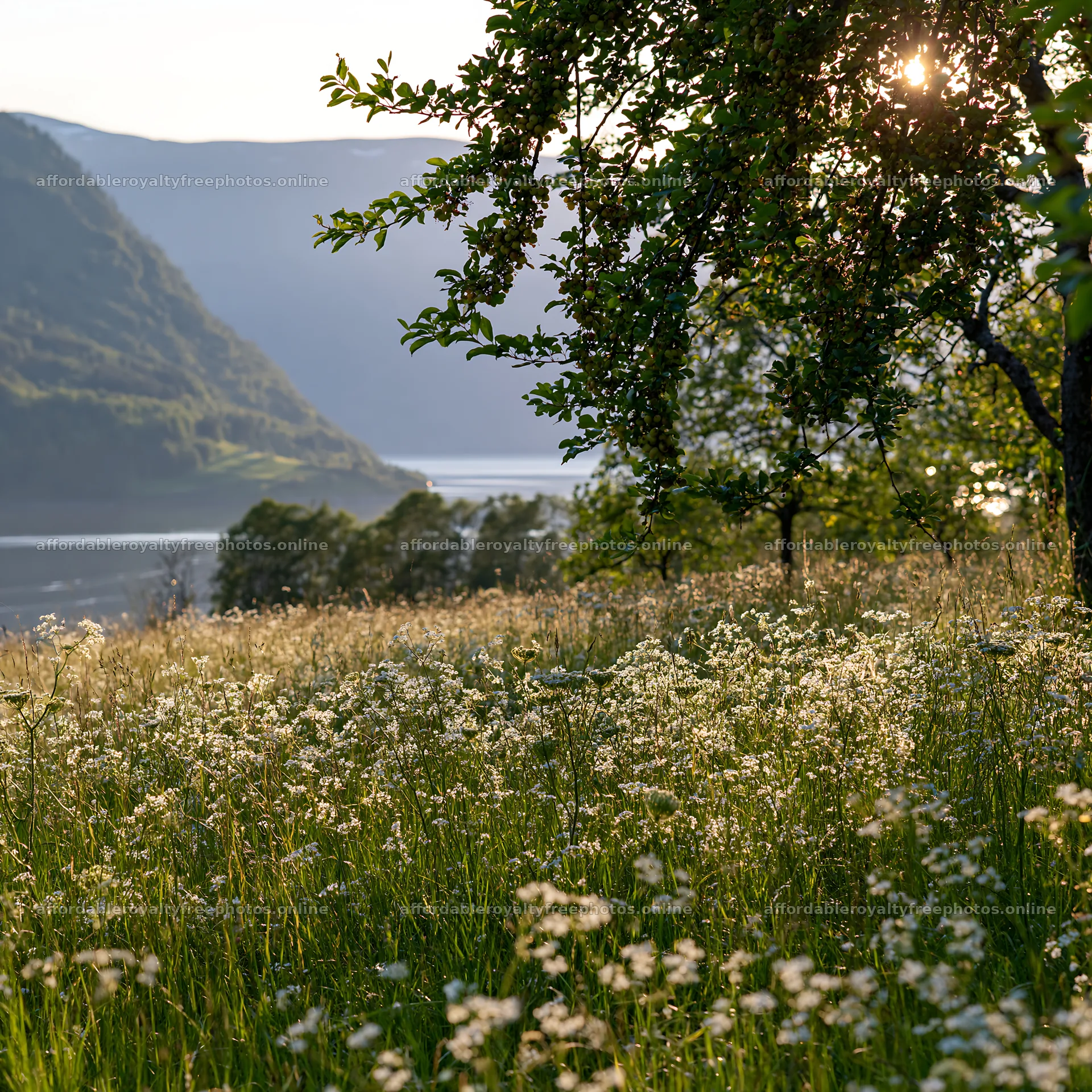 Fjord orchard meadow with flowers and sunset near water – royalty-free photos 7938x7938