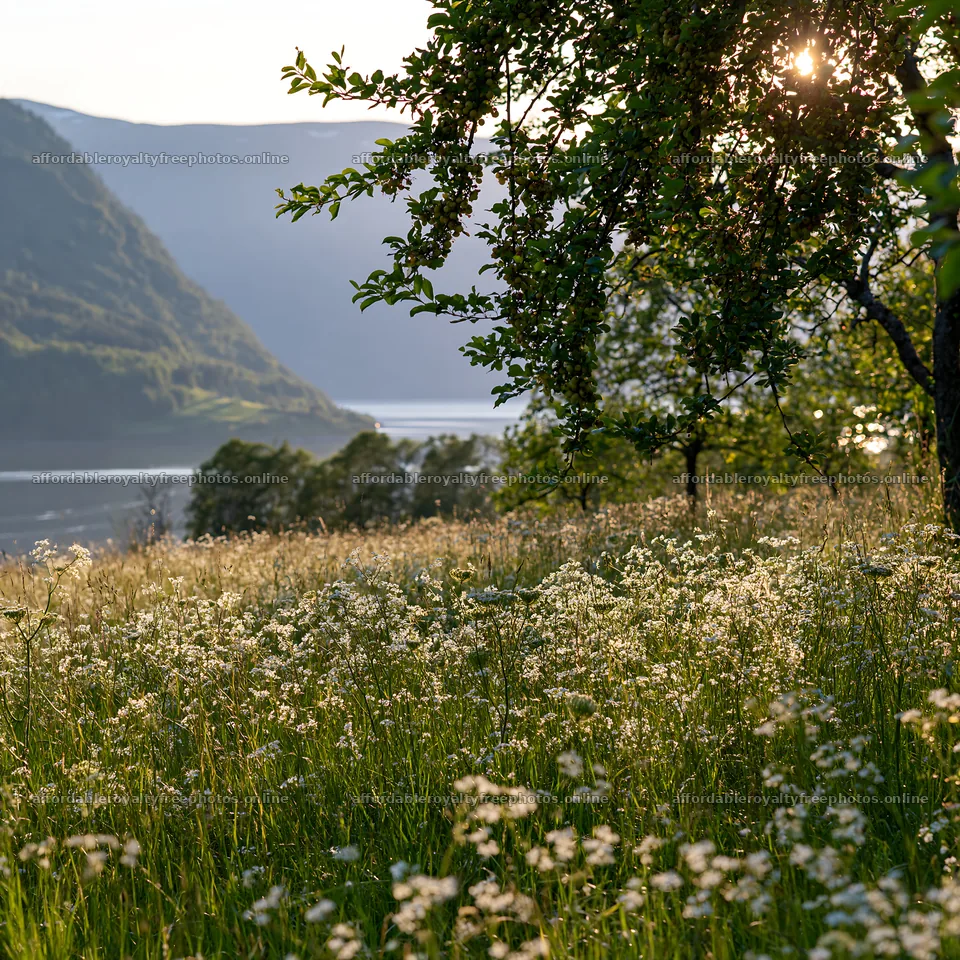 Fjord orchard meadow with flowers and sunset near water – royalty-free photos 7938x7938