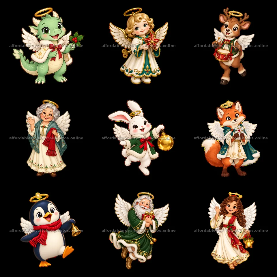 Christmas angels in a 3x3 grid with festive characters – royalty-free photos 7746x7746