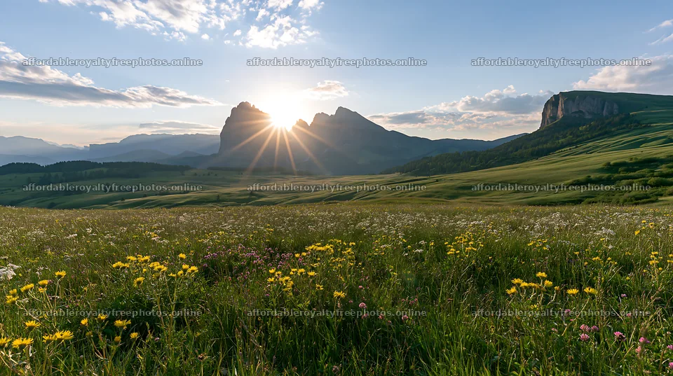 Sunbeams over Alpe di Siusi meadow with flowers – royalty-free photos 10608x5938