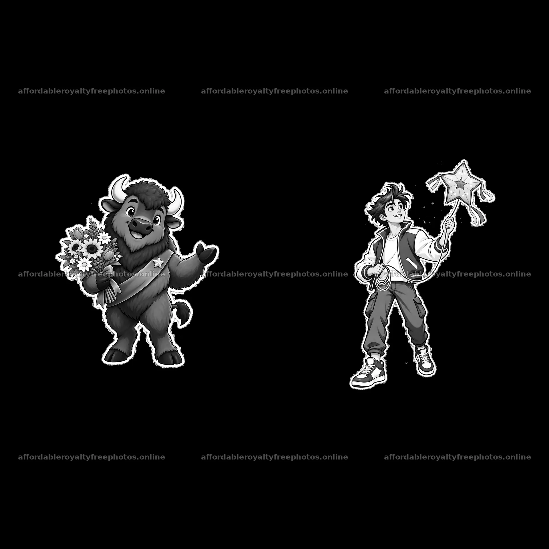 Bison holding flowers and boy with star wand cartoon – royalty-free photos 7746x7746