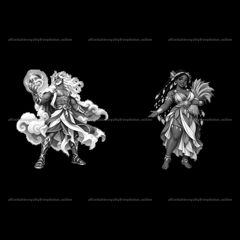 Pagan gods holding elements in a monochrome cartoon – royalty-free photos 7746x7746