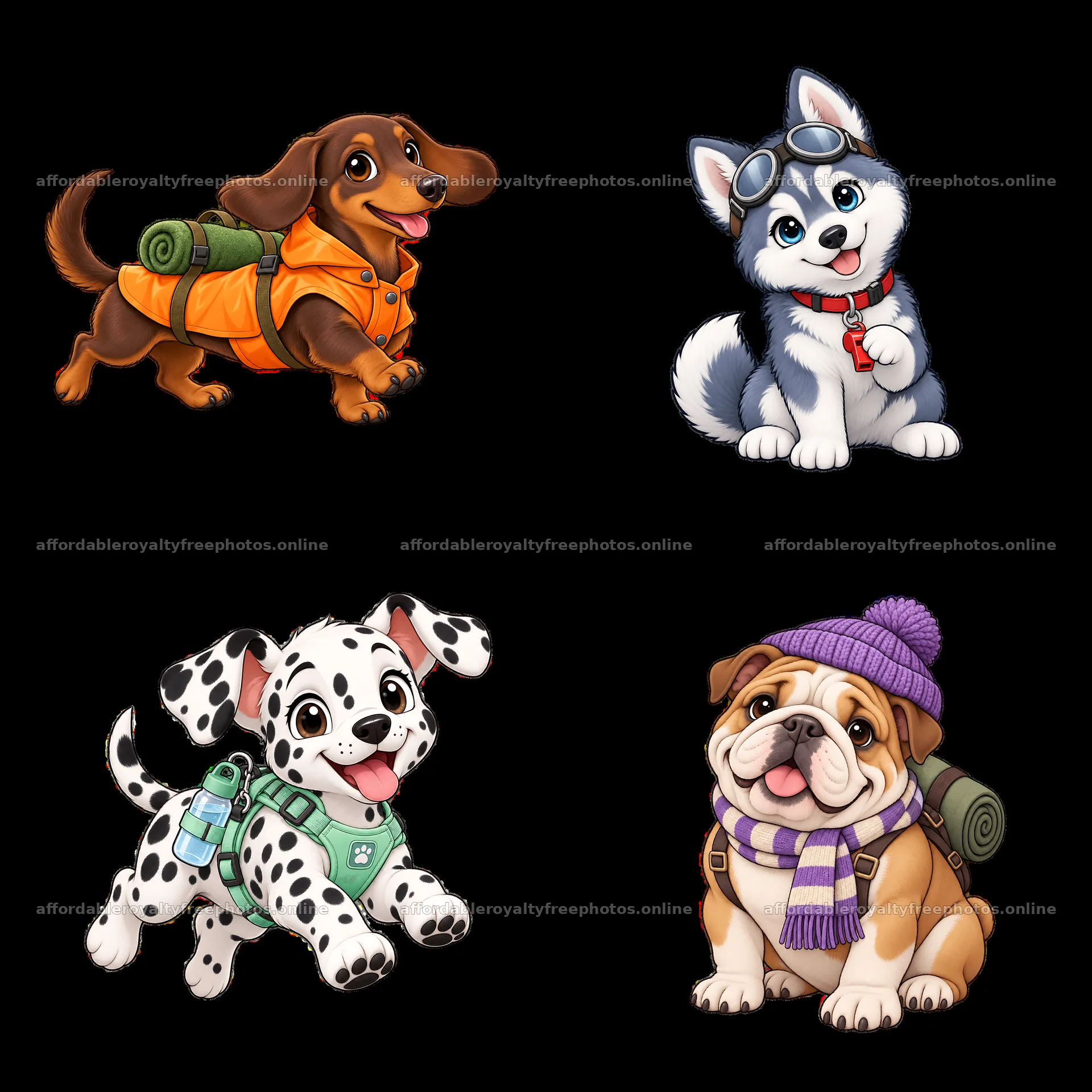 Four cute K-9 dogs in a 2x2 cartoon sticker arrangement – royalty-free photos 7746x7746
