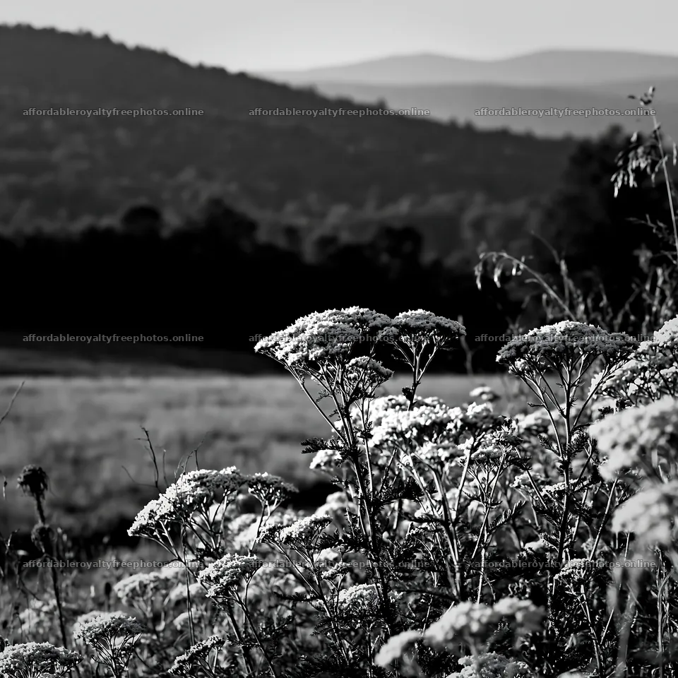 Yarrow meadow bloom in black and white landscape scene – royalty-free photos 7938x7938