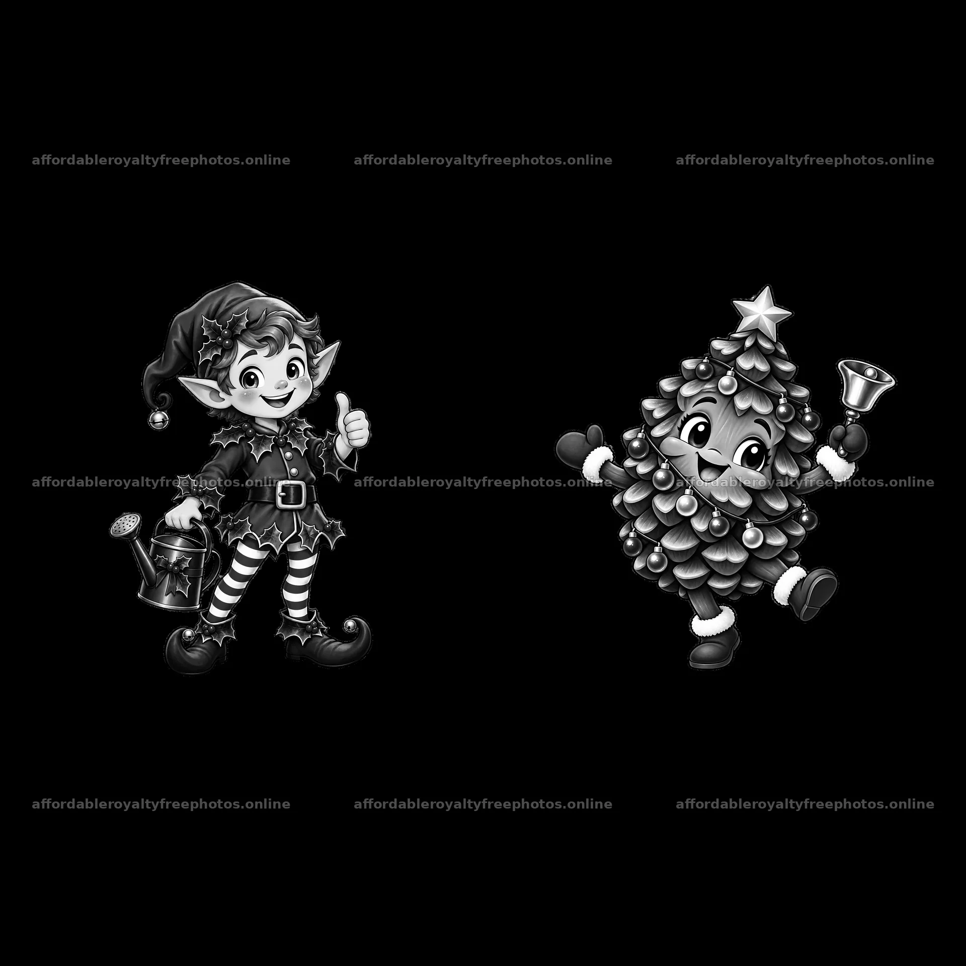 Elf and Christmas tree character in black and white – royalty-free photos 7746x7746