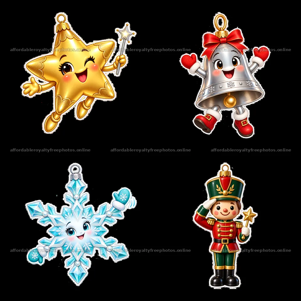 Colorful cartoon Christmas ornament stickers in a 2x2 layout – royalty-free photos 7746x7746