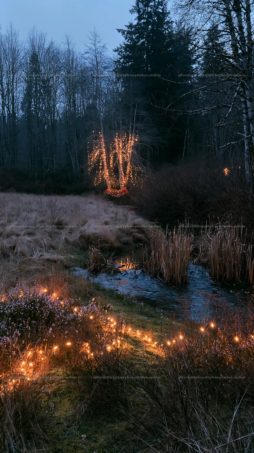 Christmas lights beside stream in meadow at dusk – royalty-free photos 5938x10608