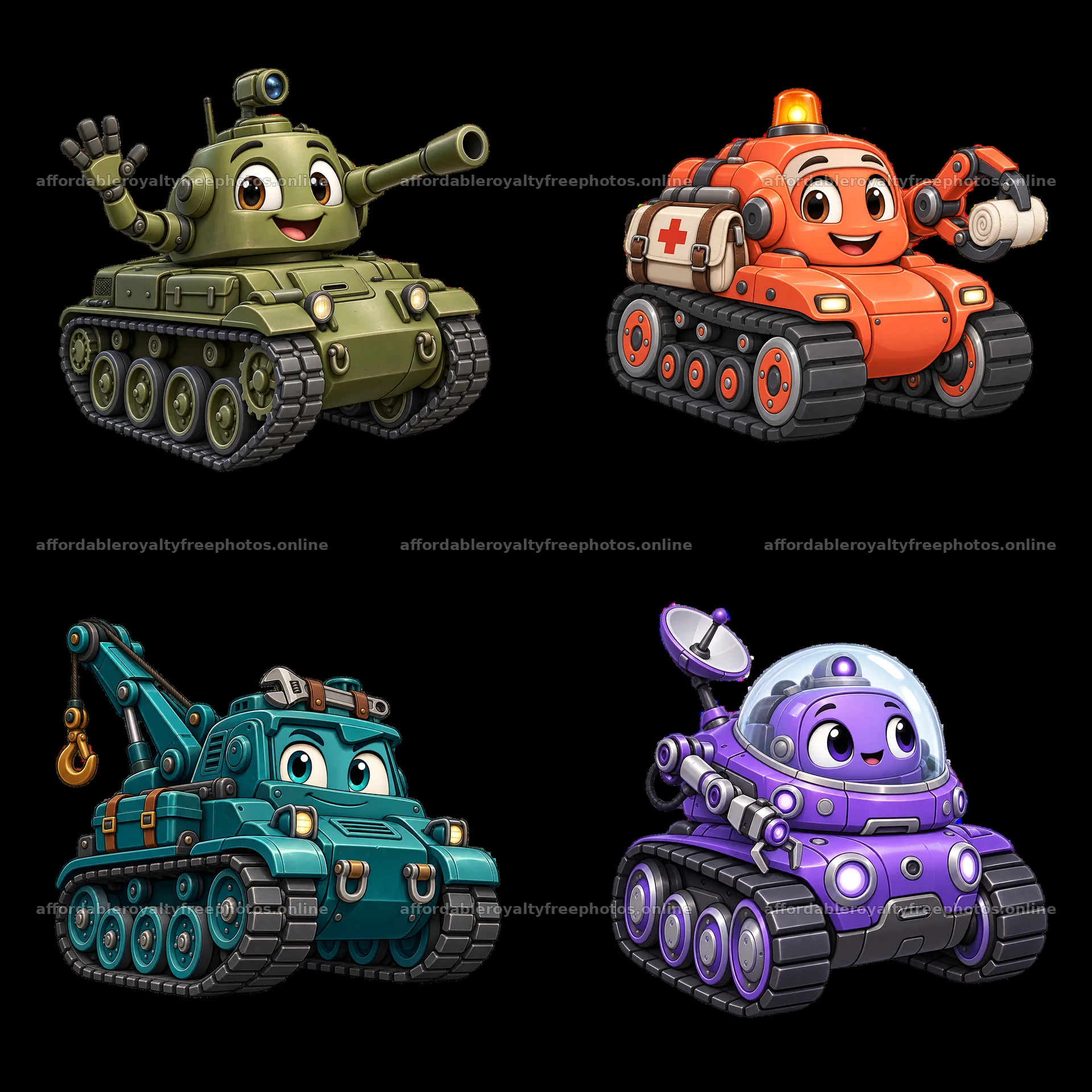 Cartoon tank characters in four playful designs with – royalty-free photos 7746x7746