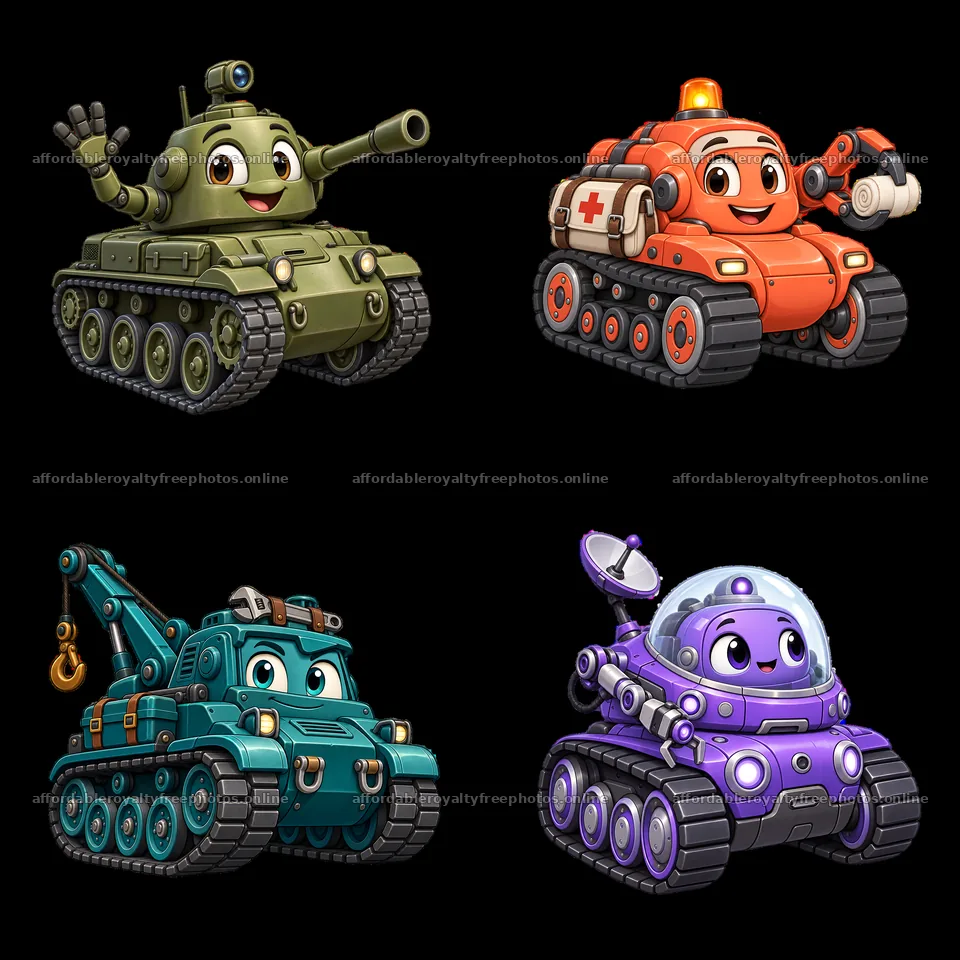 Cartoon tank characters in four playful designs with – royalty-free photos 7746x7746